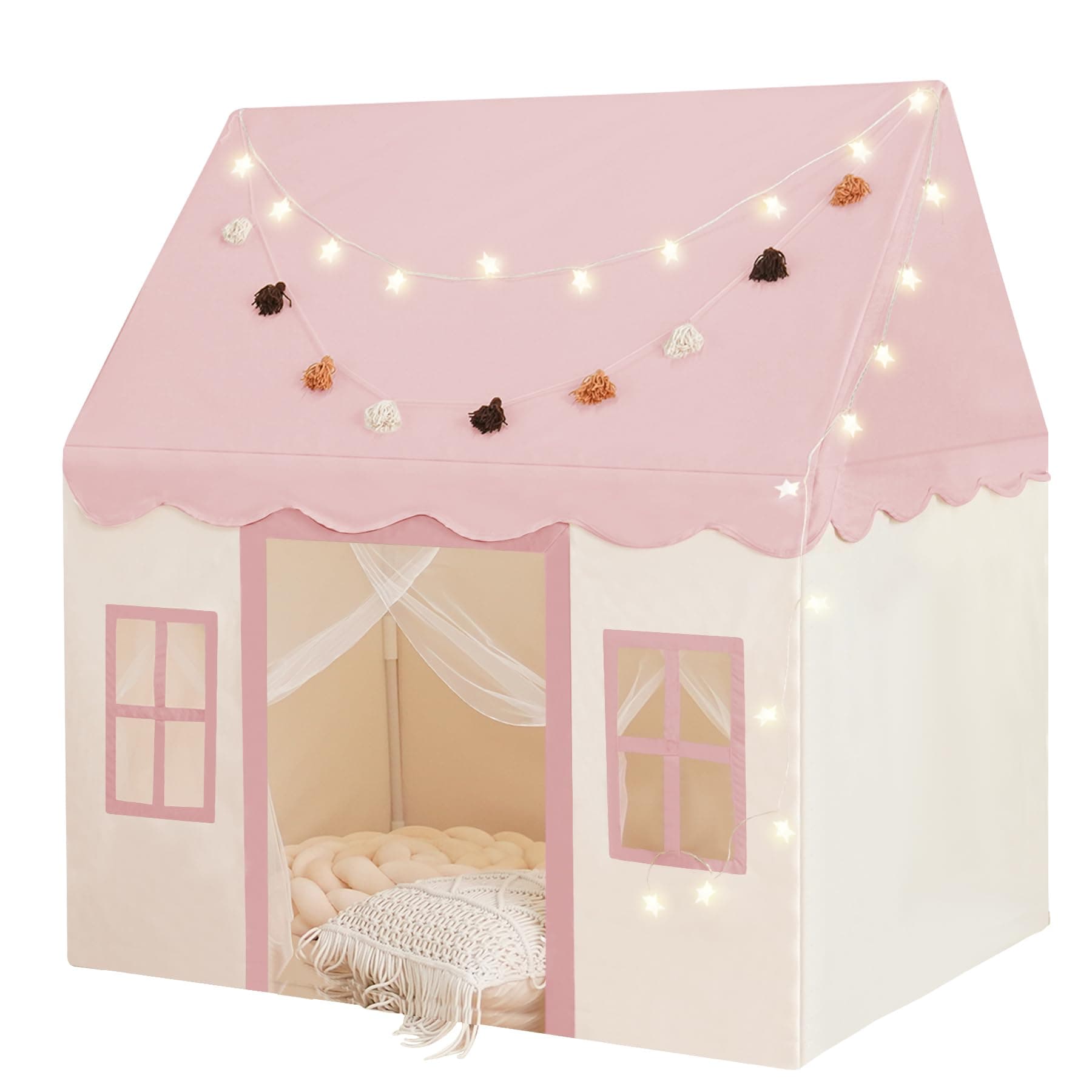 Little Dove Large Kids Tent with Mat, Star Lights, Tissue Garland, Play Tent Indoor & Outdoor, Kids Play Tent for Girl & Boy Aged 3+, 52" x35" x 52" Play Tent with Windows, Washable, Pink