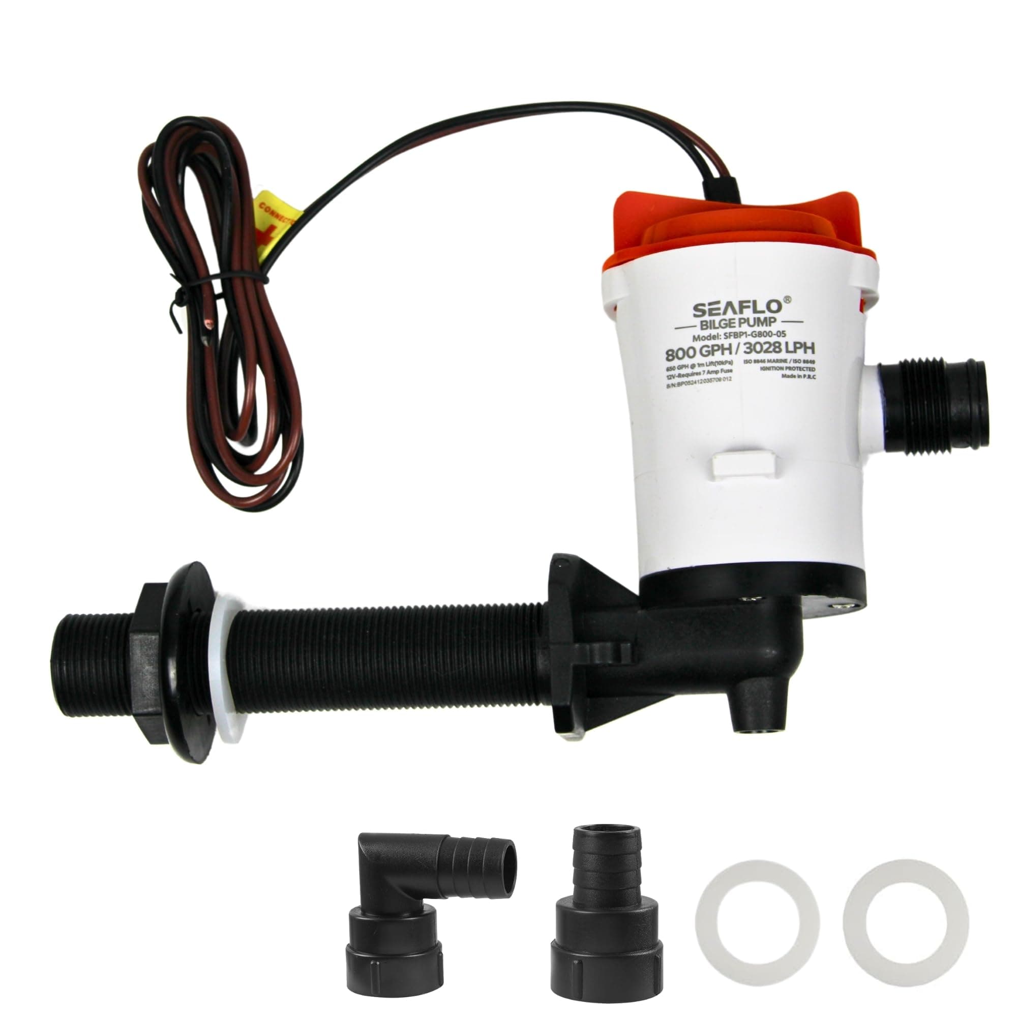 SEAFLO 05 Series 800 GPH Angled Baitwell/Livewell Pump- 12V DC, Detachable Motor, Corrosion-Resistant Submersible Aerator for Freshwater and Saltwater Use - CE & Rohs Certified-4 Year Warranty.