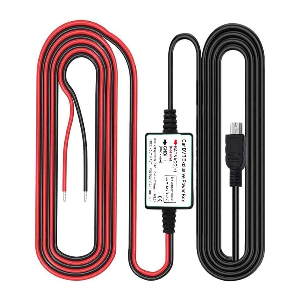 Gebildet Dash Cam Hardwire Kit, DC 12V - 24V to 5V/2.5A Max Car Charger Cable kit with Fuse, Mini USB Port,Low Voltage Protection for Dash Cam Cameras, Red-220VAC-plastic