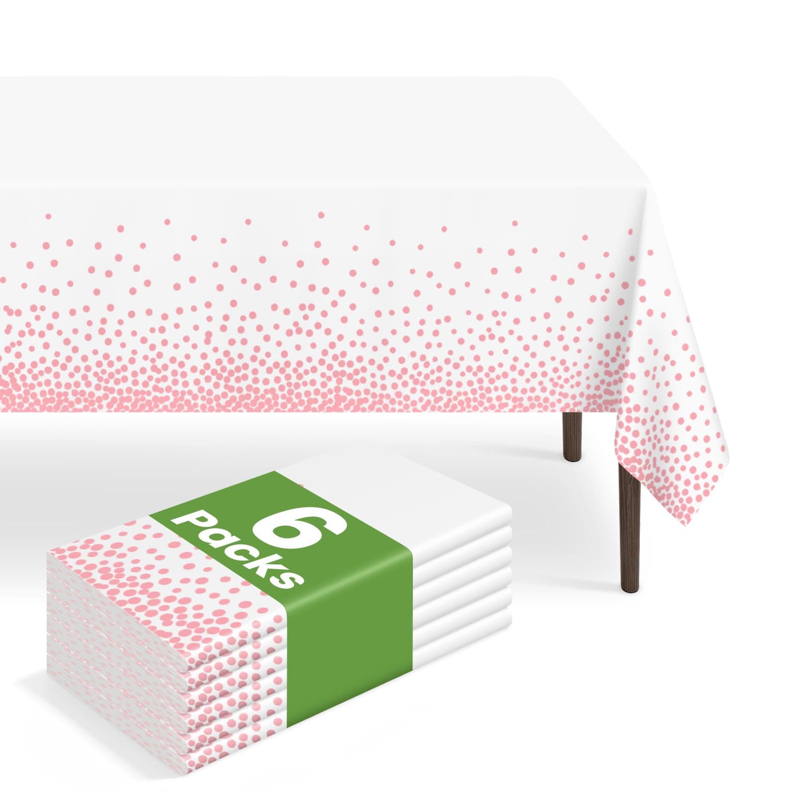 LIKAJON 6 Pack White and Pink Dot Tablecloth, Pink Plastic Table Cloths for Parties Disposable, 54x108 in Waterproof Rectangular Camping Tablecloth for Birthday Party Baby Shower Picnic Valentines