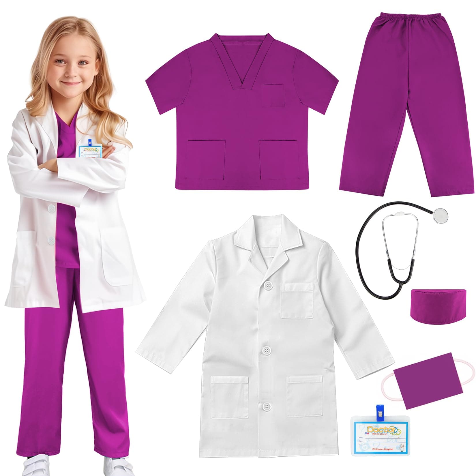Doctor Scrubs Costume for Kids With Set Lab Coat Halloween Dress Up For Boys Girls 3-12 (Purple, M-120/4-5T)