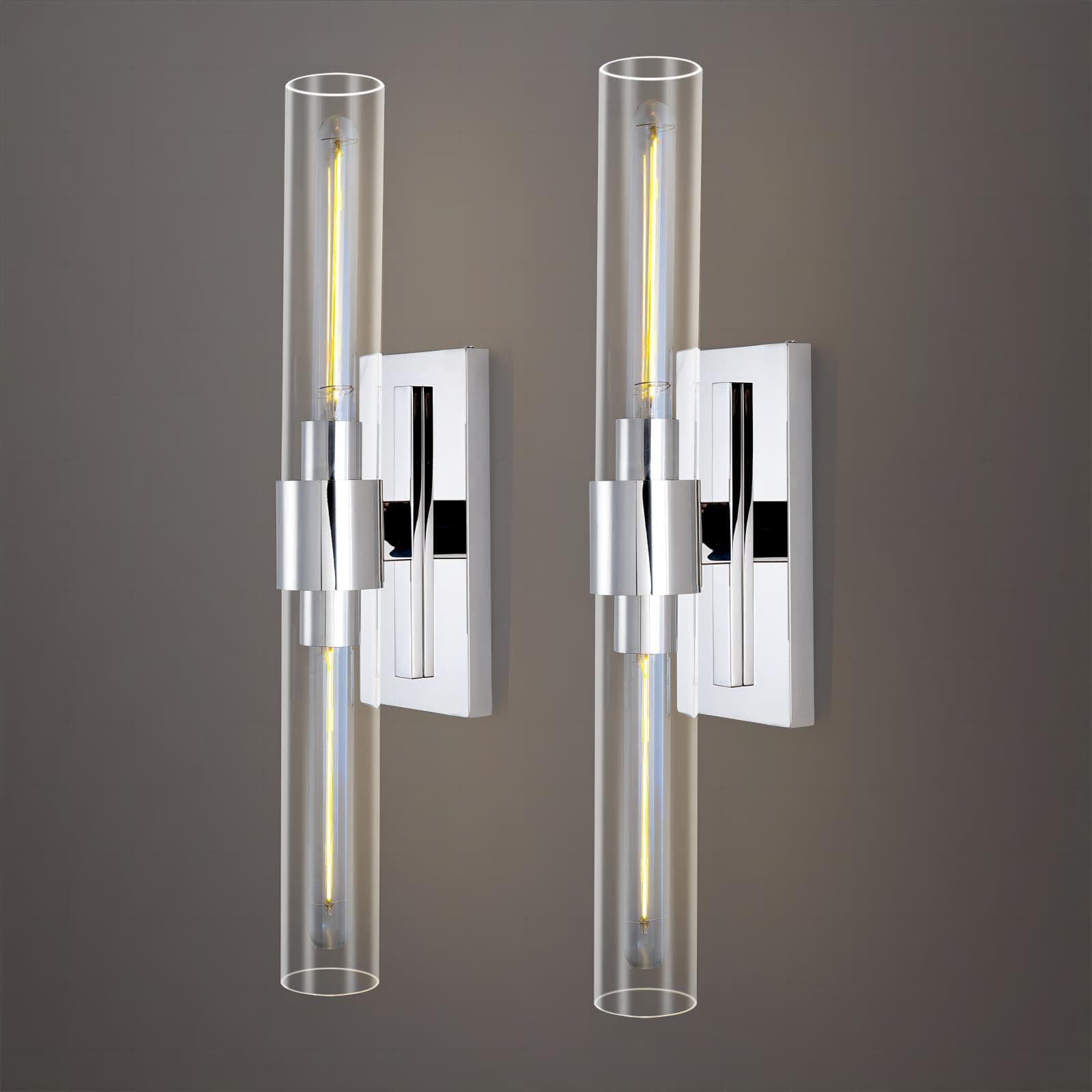 Chrome Wall Sconces Set of Two 22.8" Indoor Sconces Wall Lighting 2-Light Up and Down Nickel Vanity Lights for Bathroom with Tube Glass Wall Lights for Bedroom, Staircase, Dimmable Bulb Included