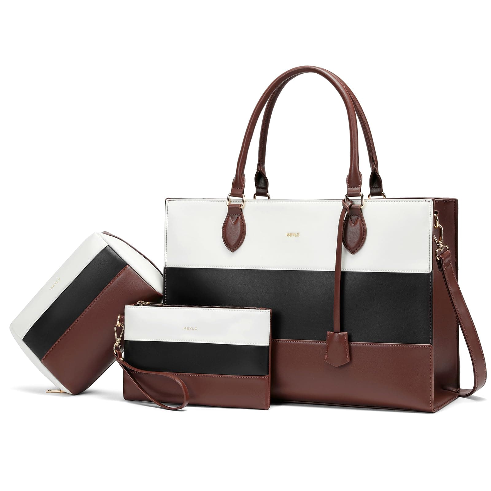 Keyli 3pcs Laptop Bag for Women,15.6 Inch Work Tote Bags Waterproof Leather Business Computer Briefcase Shoulder Handbag, Beige-black-brown