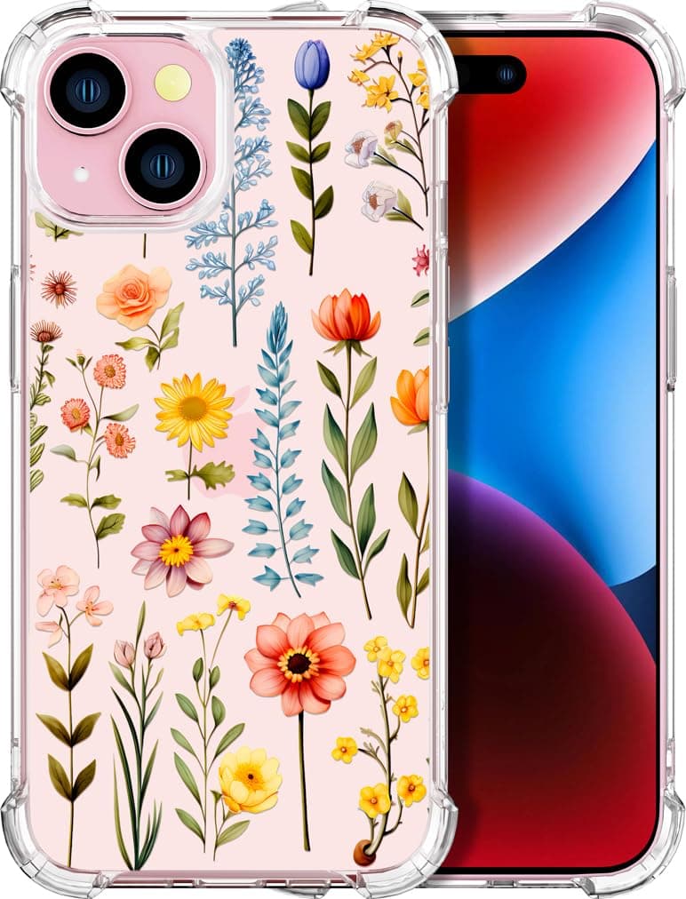 ENDIY Compatible with iPhone 14 Plus Case Flower Floral for Women Girls Girly Cute Designer Phone Protector Clear with Design,Multicolored Flowers and Branches