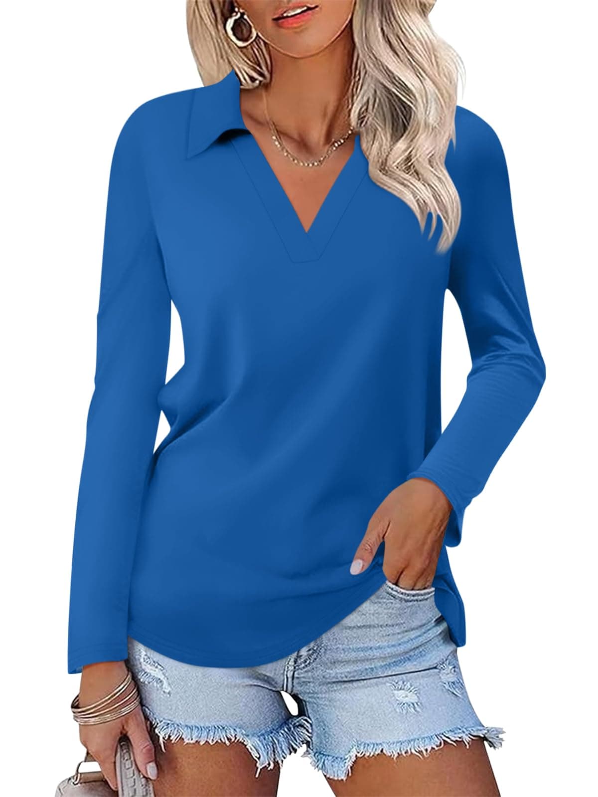 TICTICMISS Women's Long Sleeve Shirts V Neck Tunic Tops Dressy Casual Basic Tees Blouse Loose Collar Polos, A-blue, Small