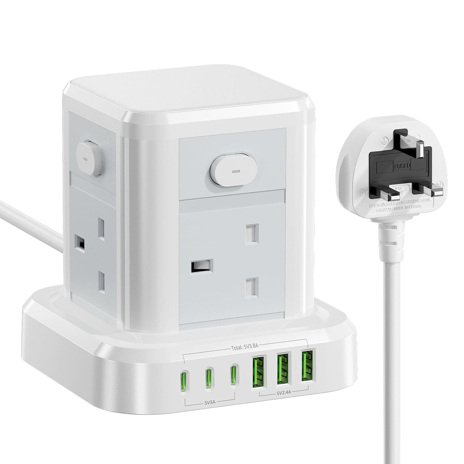 Cube Extension Lead with USB Slots, 4 Way Multi Plug Extension Socket with 3 USB C 3 USB A(13A/3250W) Tower Power Strip with 4 Independent Switches 1.5M Extension Cords for Desk Home Office Travel