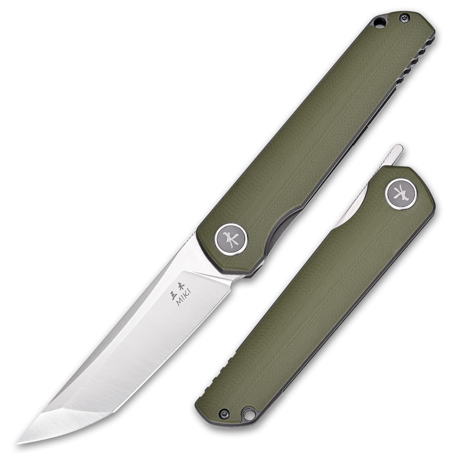 Miki Pocket Samurai Folding Knife, G10 Handle, Tanto w/ D2 Plain Blade, Outdoor Camping Hiking Knife Fishing And Everyday Carry, nique Tool Gift for EDC Men Women (Green)