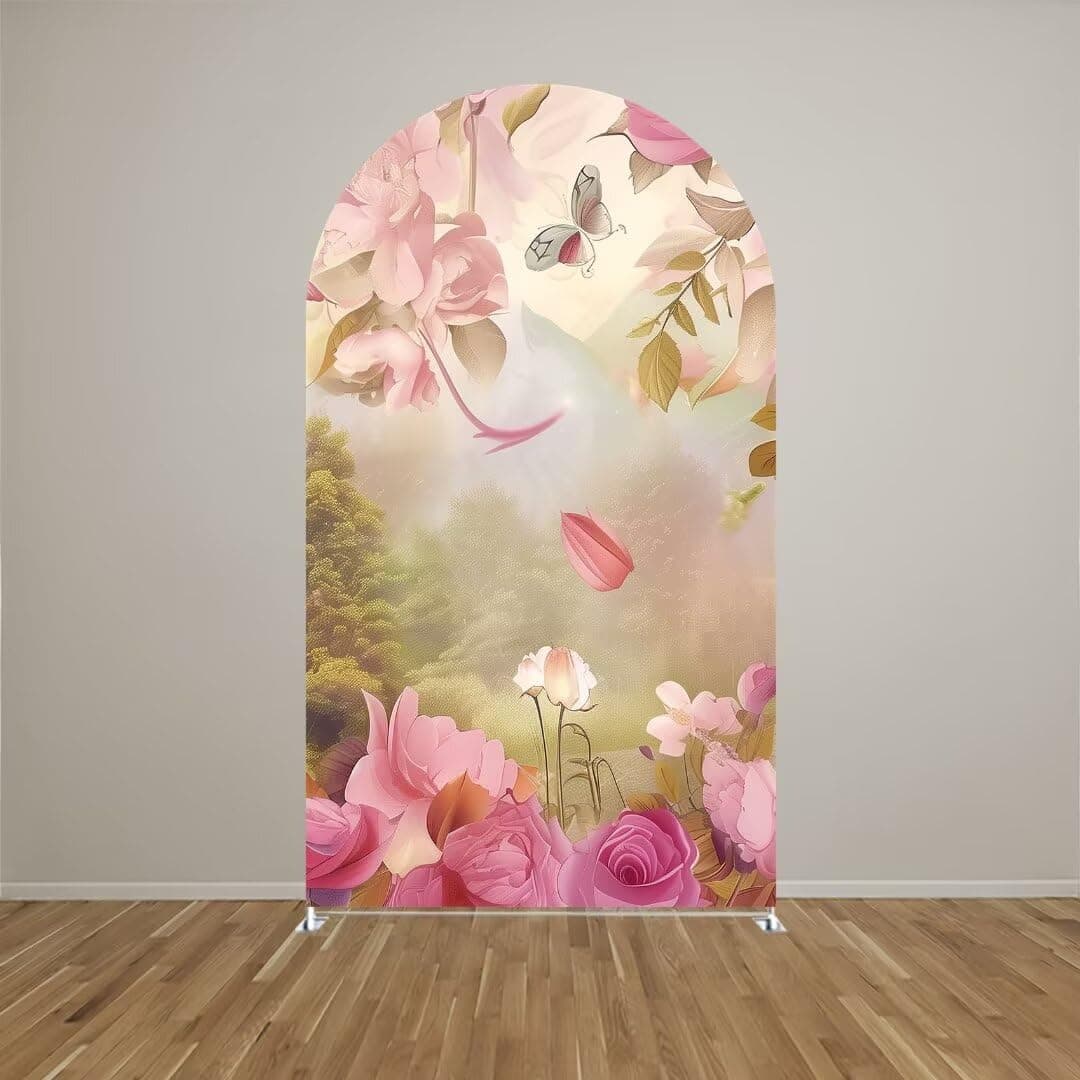 Aerdce Floral Fantasy Fairy Tale Wonderland Arch Backdrop Cover Castle Theme Stretchy Arched Stands Covers for Princess Birthday Party Decoration(Only Cover)