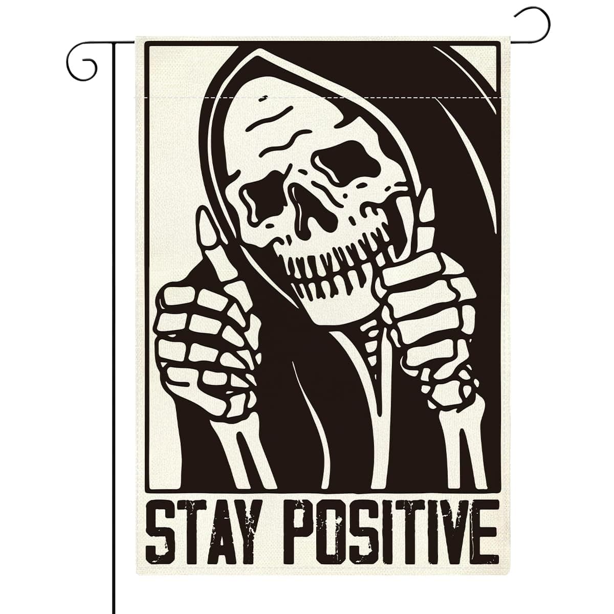 Funny Garden Flag Stay Positive Skeleton Skull Double Sided Garden Flag Halloween Holiday Decoration for Yard Outdoor 12 x18 inches