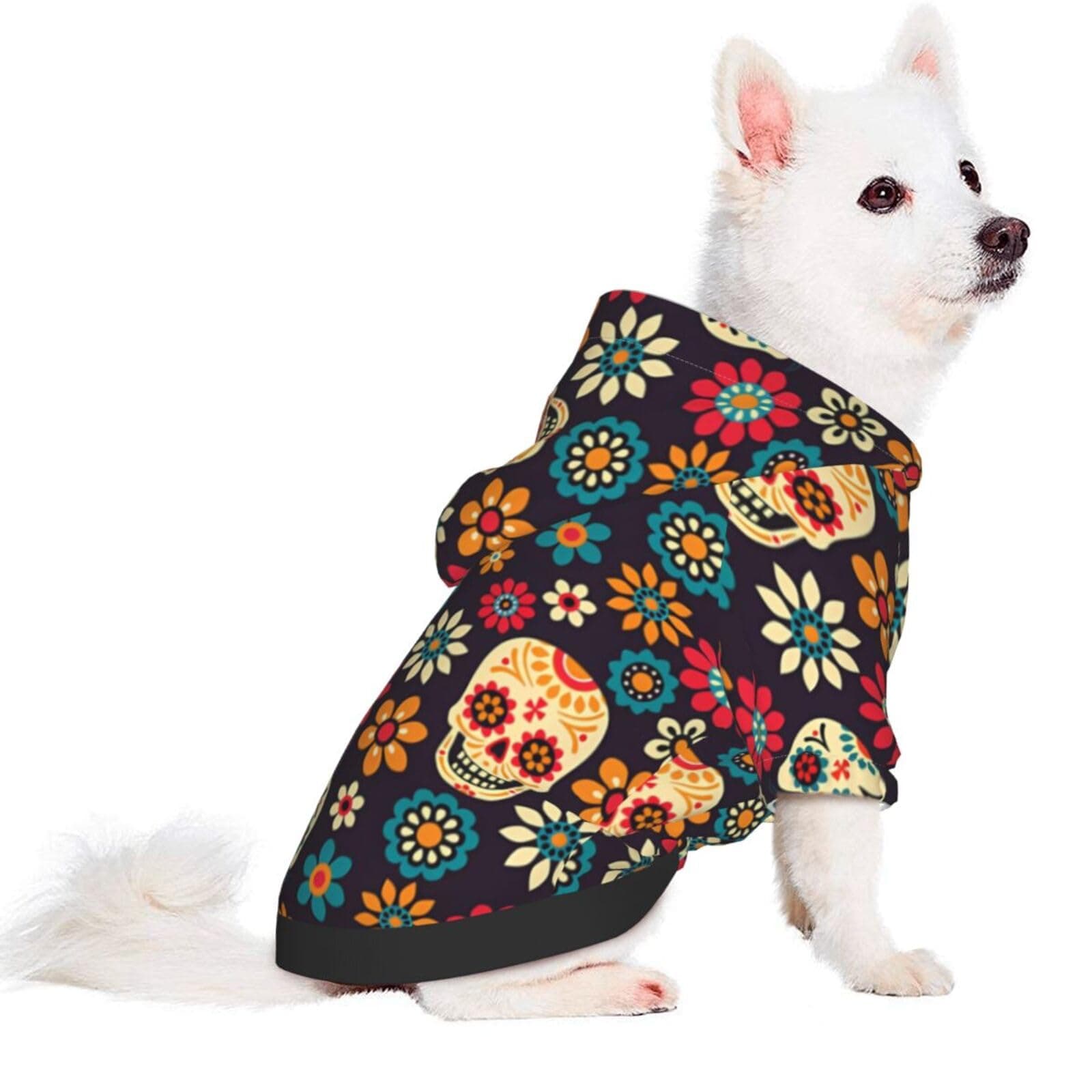 FuriTou Colorful Skull and Flowers Small Pet Hoodies Soft Dogs Cats Sweatshirt Warm Dog Clothes Sweater with Hat XX-Large