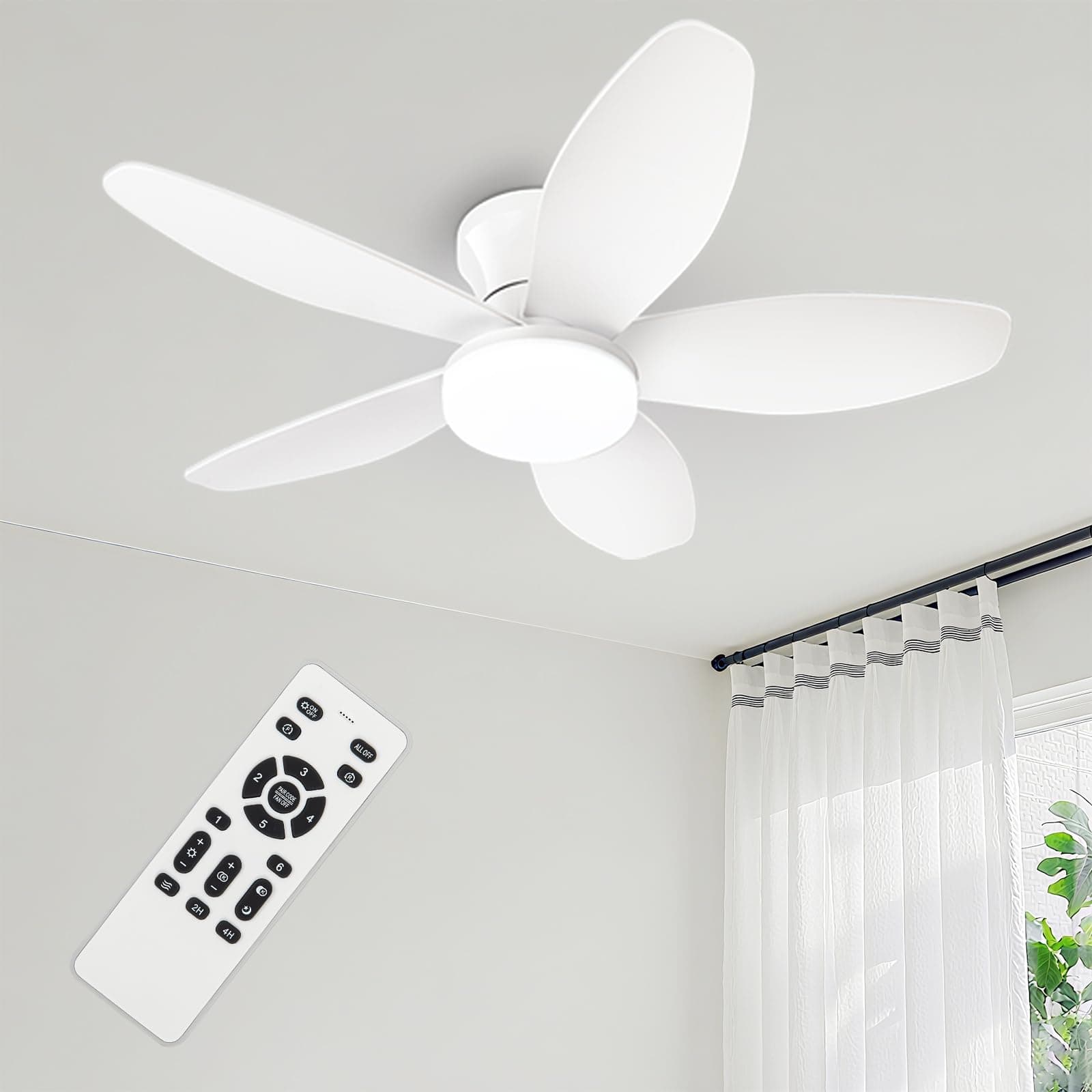 Yoedivu Small Ceiling Fans, 35 Inch Low Profile Ceiling Fan White Flush Mount Ceiling Fans with Lights and Remote,with 3 Reversible Blades 6 Wind Speeds, Modern Ceiling Fan for Bedroom Kitchen