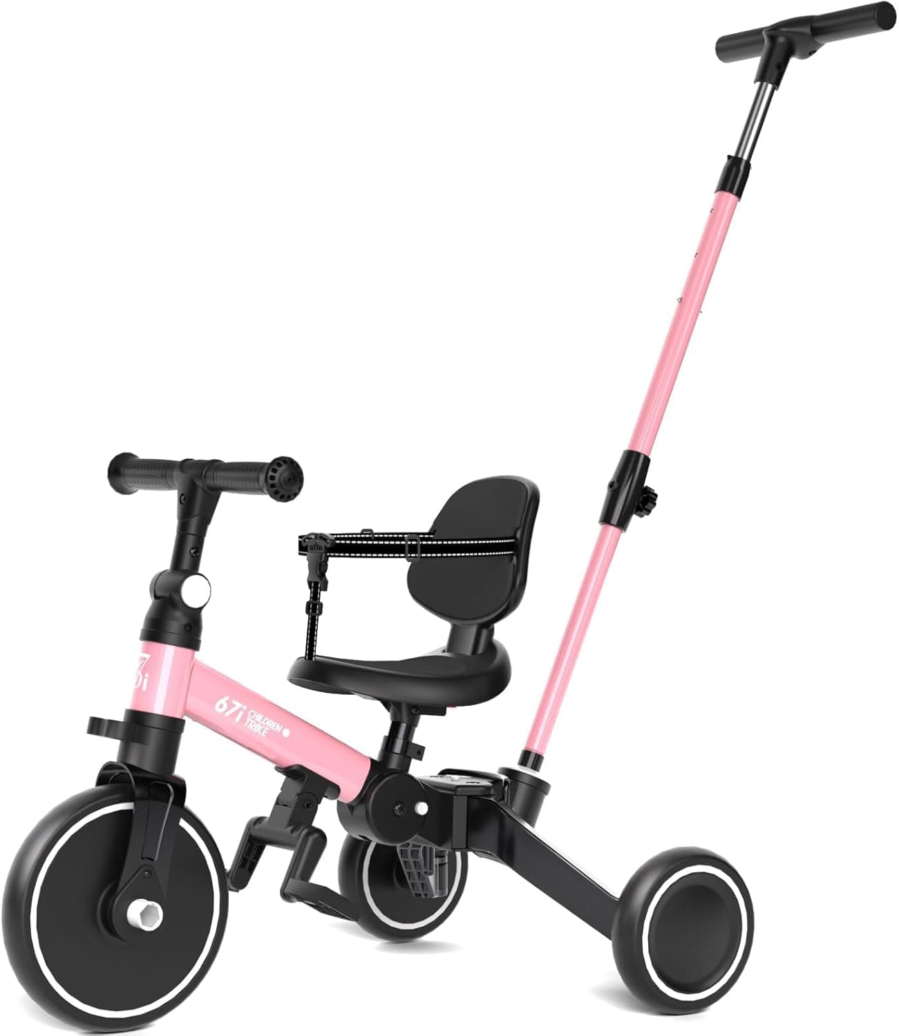 67i 5 in 1 Toddler Tricycle with Push Handle Kids Tricycle for 1-3 Year Old Boys Girls Foldable Kids Trikes Toddlers Balance Bike with Removable Pedal Backrest Adjustable Seat Height & Handle (Pink)