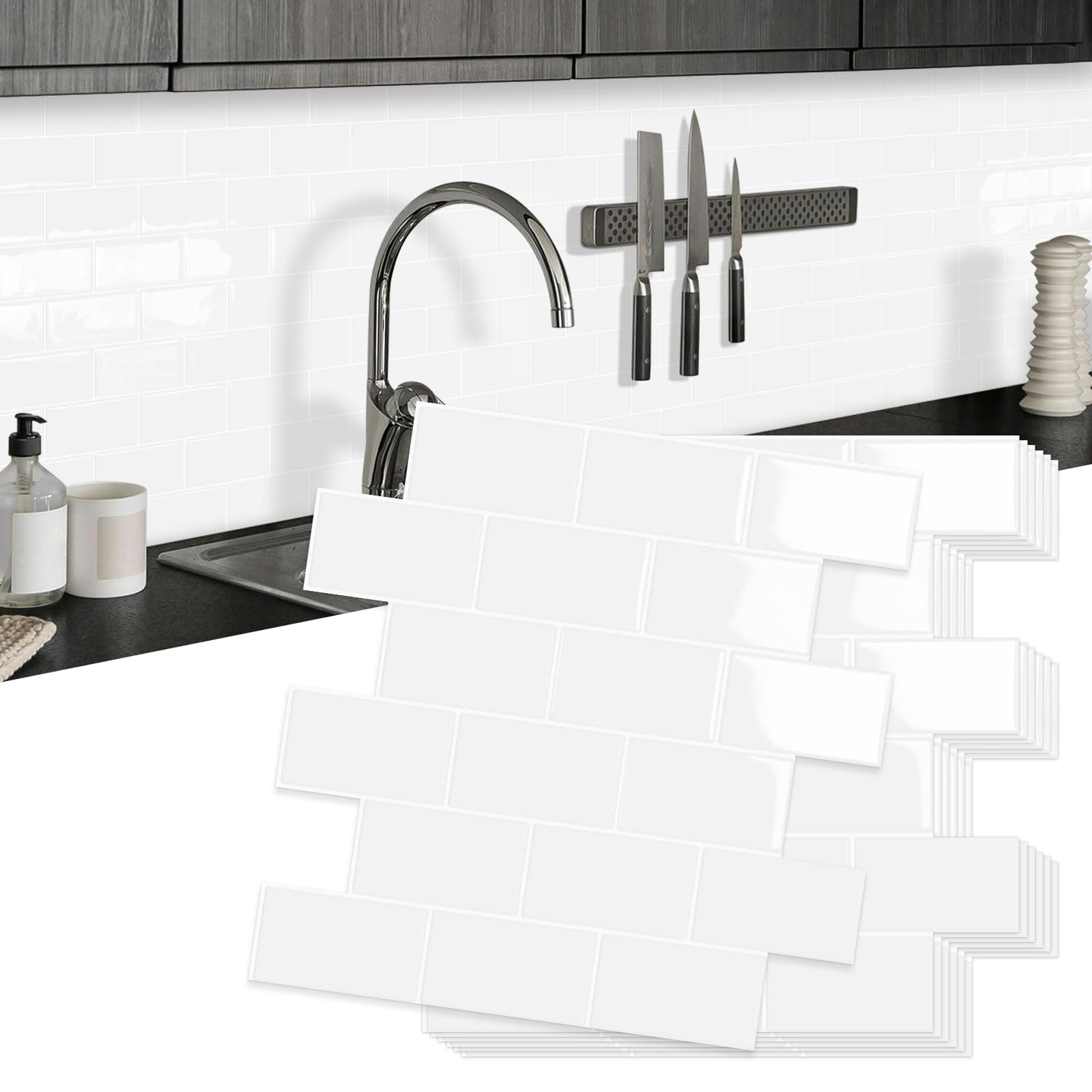 10 Sheets Thick Peel and Stick Backsplash for Kitchen(White,12"×12")
