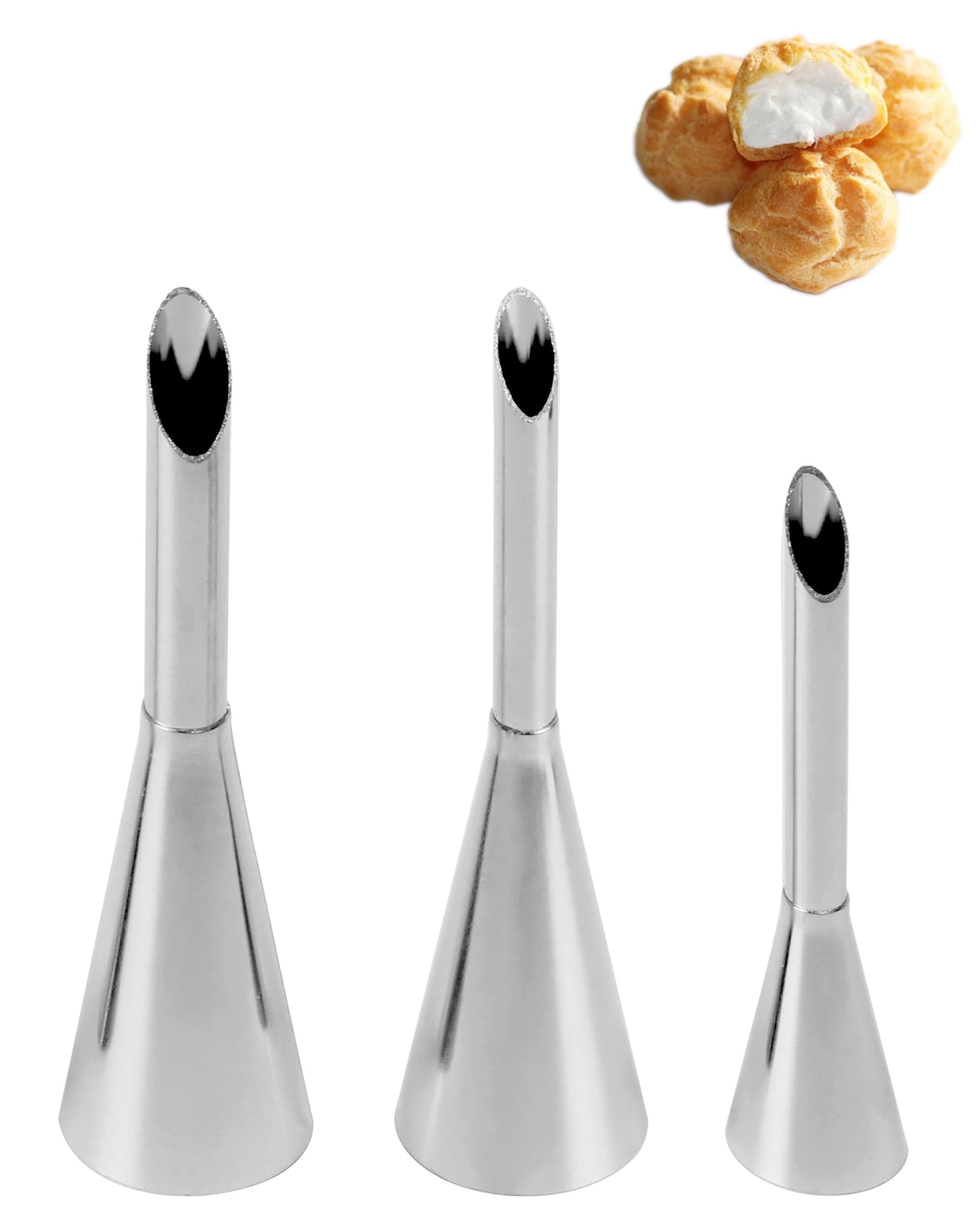 QUJUFIND 3Pcs Cream Icing Piping Nozzle Tips,Stainless Steel Long Cream Puff Nozzle Decor Small Pastry Icing Piping Decorating Tools