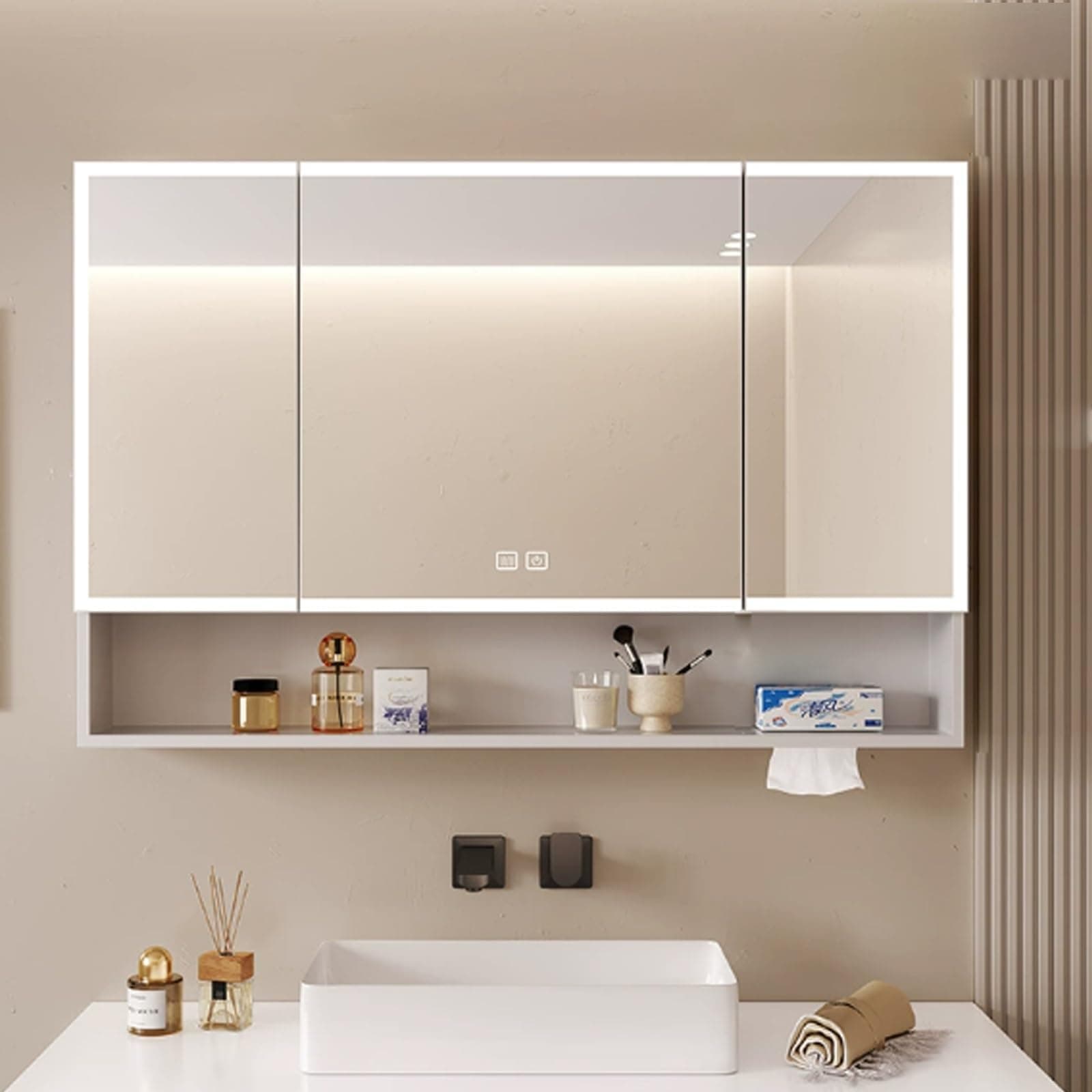 Mirror with medicine cabinet Stepless Dimming Makeup Mirror，bathroom medicine cabinet with mirror and LED lights，medicine cabinet Smart Touch Switch，bathroom mirror with anti fog，With paper extraction