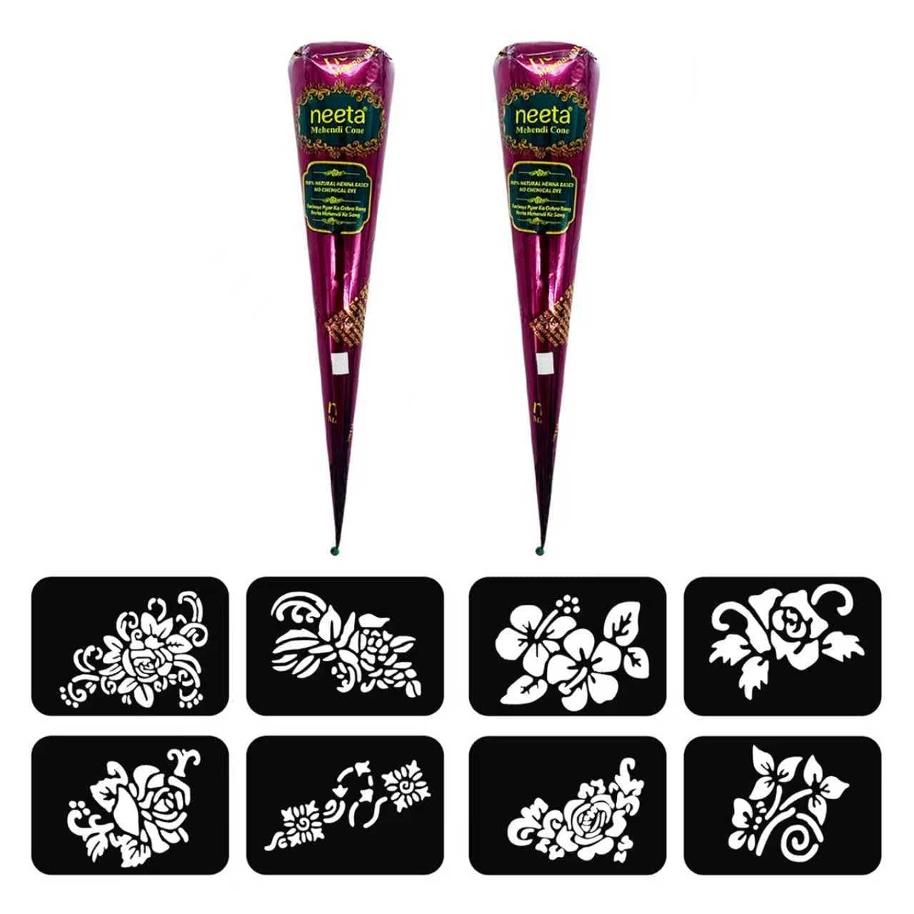 2 Pack Natural Mehendi Cone Henna Paste Temporary Tattoo Paste with 8pcs Tattoo Stencils| Each cone 25 grams | Indian Body Art Painting Drawing Tattoos Freckles (Reddish Brown Color)