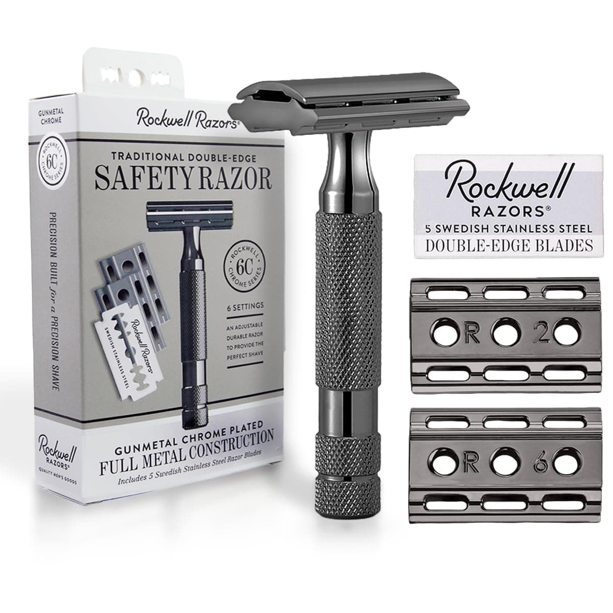 【 世界で愛される 王道のシェーバー 】 ロックウェル レイザー Rockwell Razors 6C ［ 6段階 調整 クロム合金 ］ 高級 ひげ剃り 両刃 カミソリ 敏感肌/替刃 5枚付 [正規品]