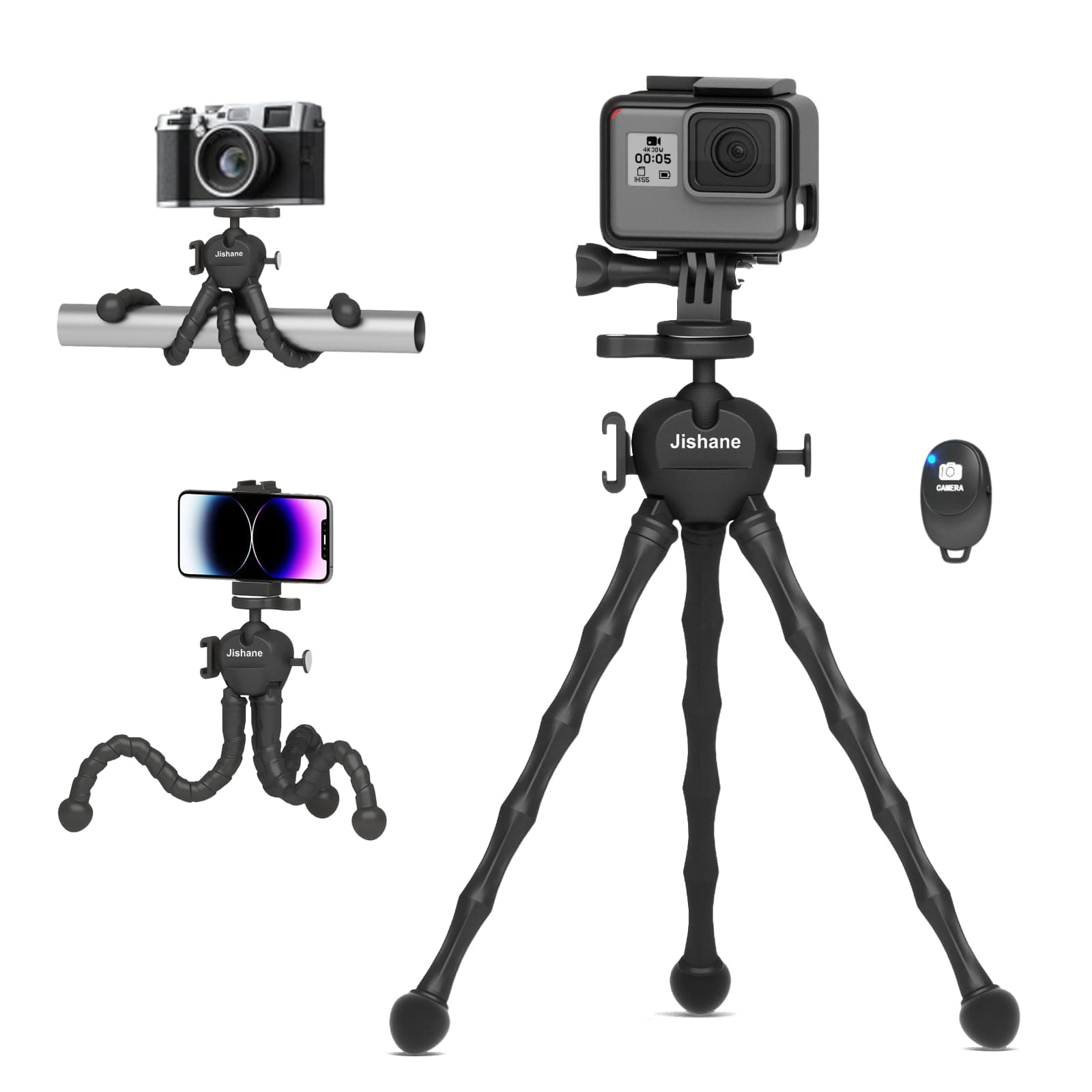 Jishane Flexible Camera Tripod, 360° Ball Head for Action Cameras & Phone