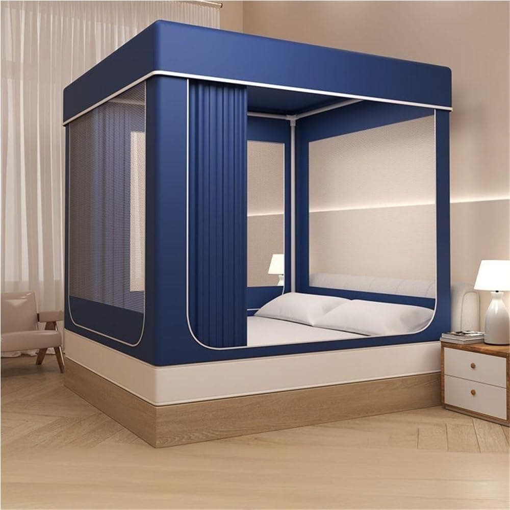 Canopy Bed Curtains Twin Size, Dream Bed Canopy for Adult, Blackout Private Space Sleeping Bed Tent, 3 Doors Breathable Solid Color Mosquito Net(Dark Blue,1.5 * 2m/4.9 * 6.6ft)