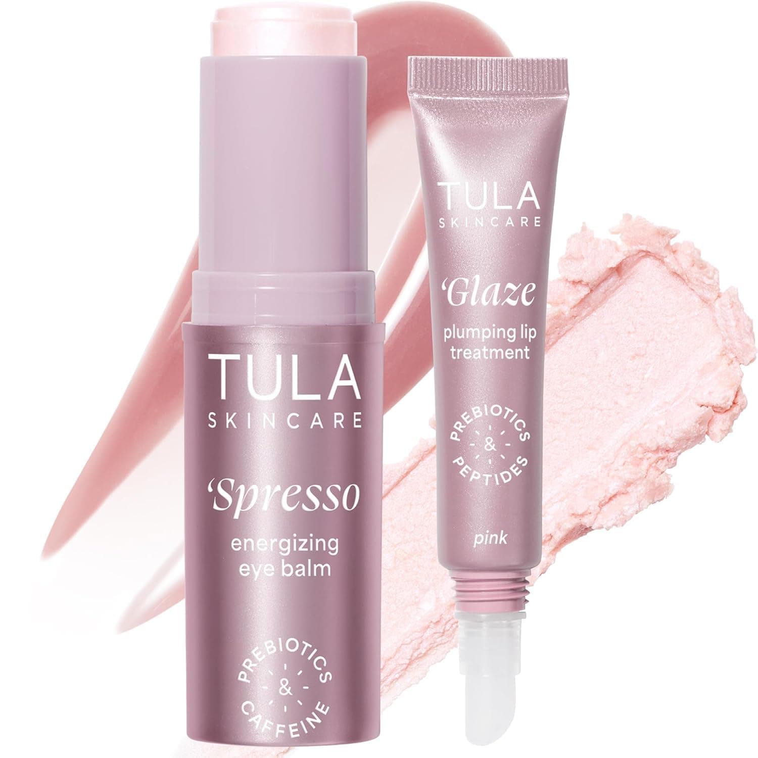 TULA Skin Care Wrapped in Radiance - Rose Glow + Get It Hydrating Peptide Lip Treatment Balm 0.28oz & Cooling & Brightening Eye Balm 0.35 oz, Full-Size, 2 Piece Duo