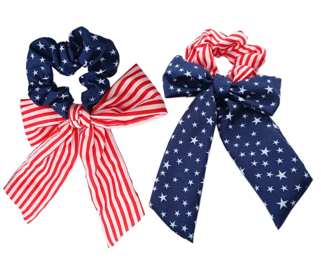 Elastic Patriotic Hair Band Hair Ties 4th of July Hair Bow Ponytail Holder American Flag Hair Accessories for Women Girl Hair Scrunchies TSFQ02 (2pcs Bow New)