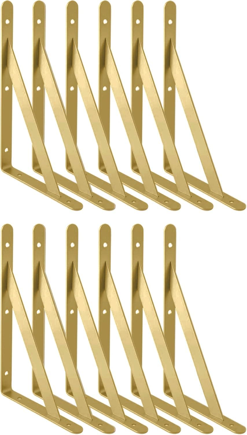 OVOV Heavy Duty Shelf Brackets Triangle Wall Brackets Gold 10 Inch 12 Pack