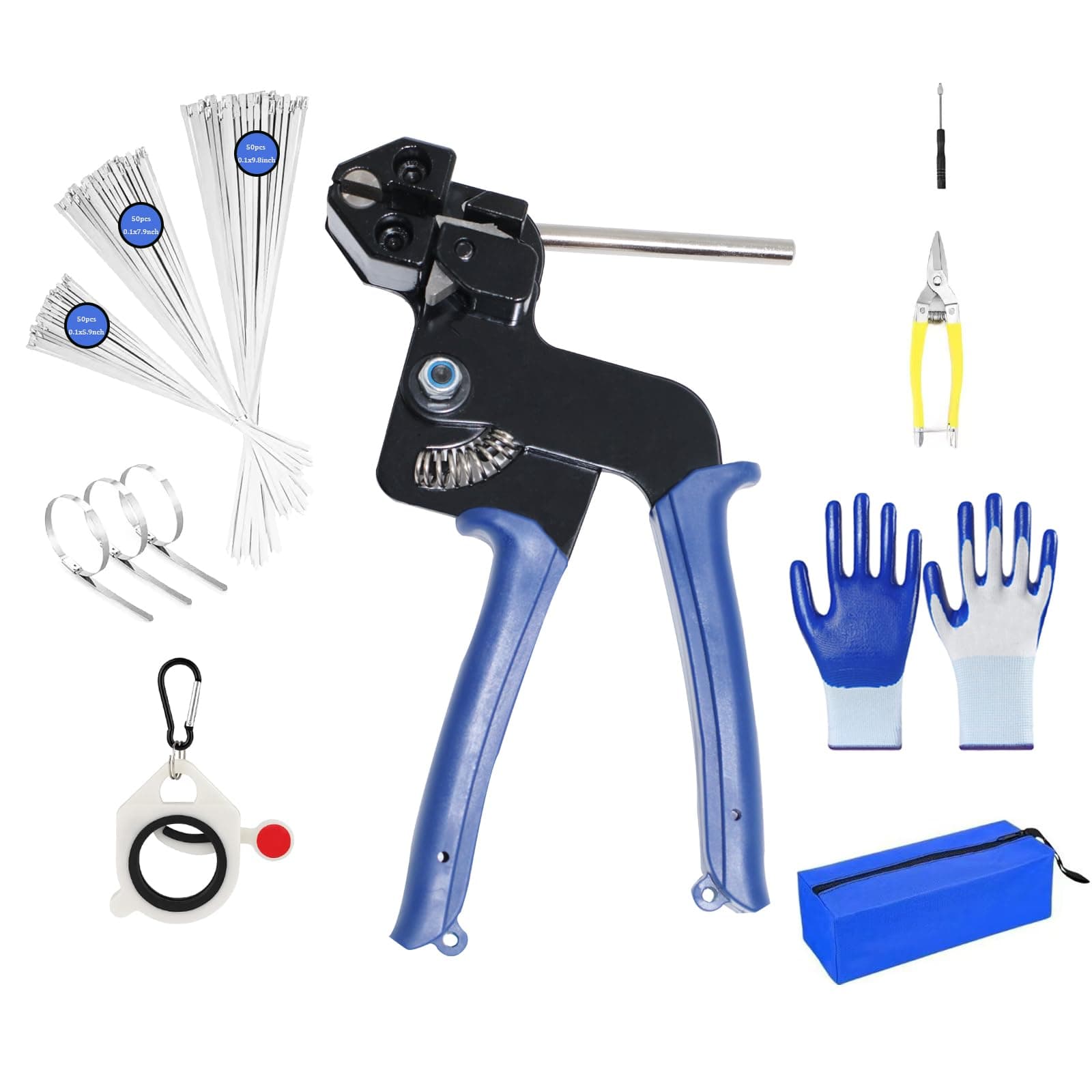 Metal Zip Ties Cutter Stainless Steel Cable Tie Gun Kit Assortment With 150pcs 304 Stainless Steel Zip Ties ，Heavy Duty Fastening Tensioning and Cutting Tool for Wire Fencing, Fence, Exhaust Pipe