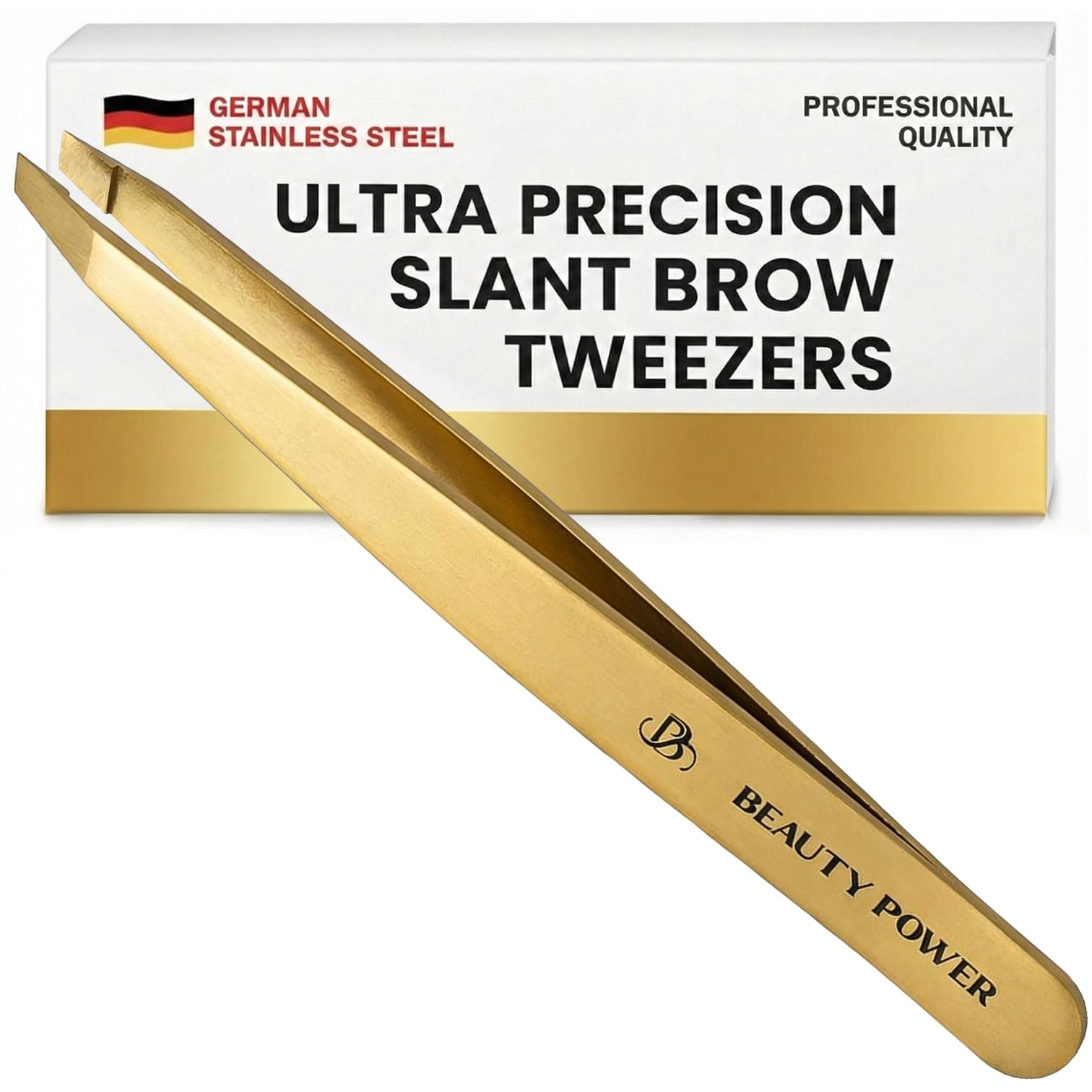 Beauty Power Tweezers for Women Facial Hair: Ultra Precision Tweezers for Women & Men, Sharp Slant Tweezer for Eyebrows, Ingrown Hair Removal. Professional Plucker + Case, German Stainless Steel Gold