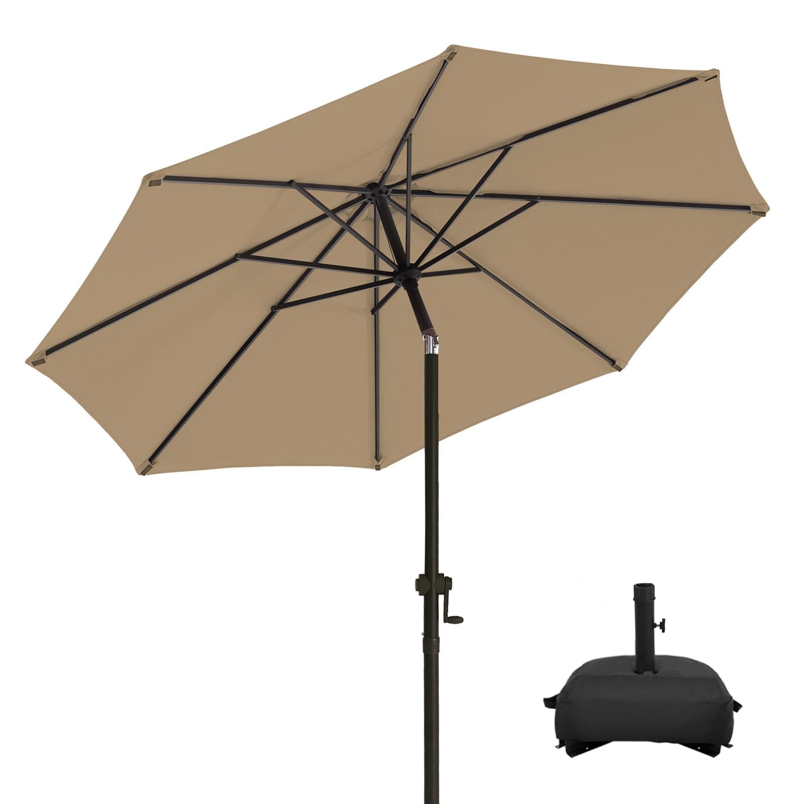 wikiwiki 9FT Patio Umbrella with Base, Outdoor Umbrellas with Base Included, 8 Sturdy Ribs, Waterproof Fade Resistant POLYESTER DTY Canopy for Deck, Lawn, Garden, Backyard & Pool, Tan