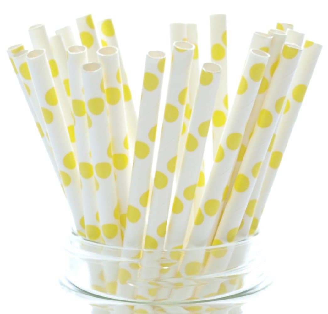 Yellow Drinking Straws, Paper Striped Straws, Wedding Drink Stirrers, Bubble Straws, 25 Pack - Yellow Polka Dot Straws