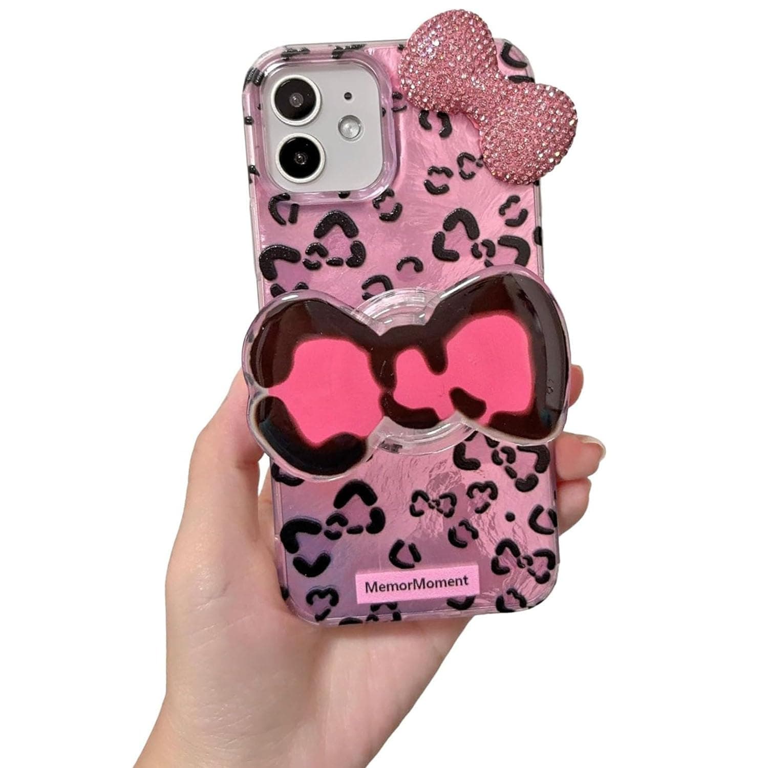 Cute Case for iPhone 11 6.1'', Pink Glitter Rhinestone Bow Phone Cases, TPU Shockproof Phone Cover with Bowknot Stand for Women & Girls Kids