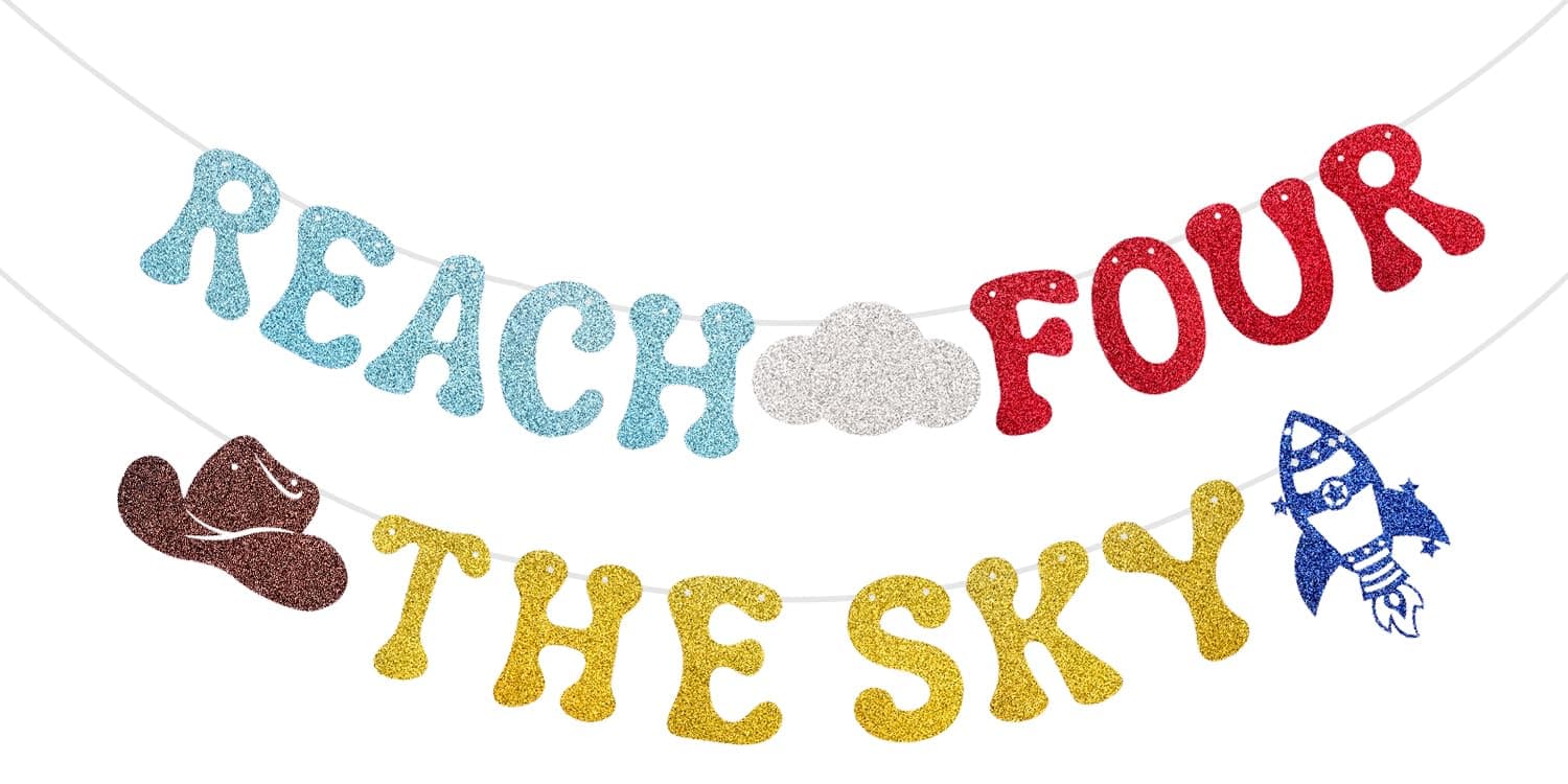 2 Strings Pre-Strung Glitter Cartoon Reach Four The Sky 4th Birthday Banner