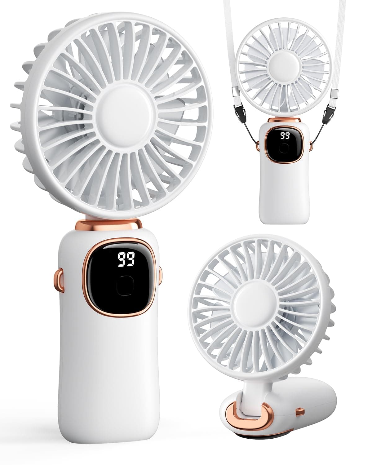 coldSky Portable Handheld Fan, 4000mAh Battery Operated 3 in 1 Multifunction Personal Travel Fan with Digital Display, 90° Foldable Desk Fan with Base, 5 Speed Lash Fan for Makeup/Office (White)
