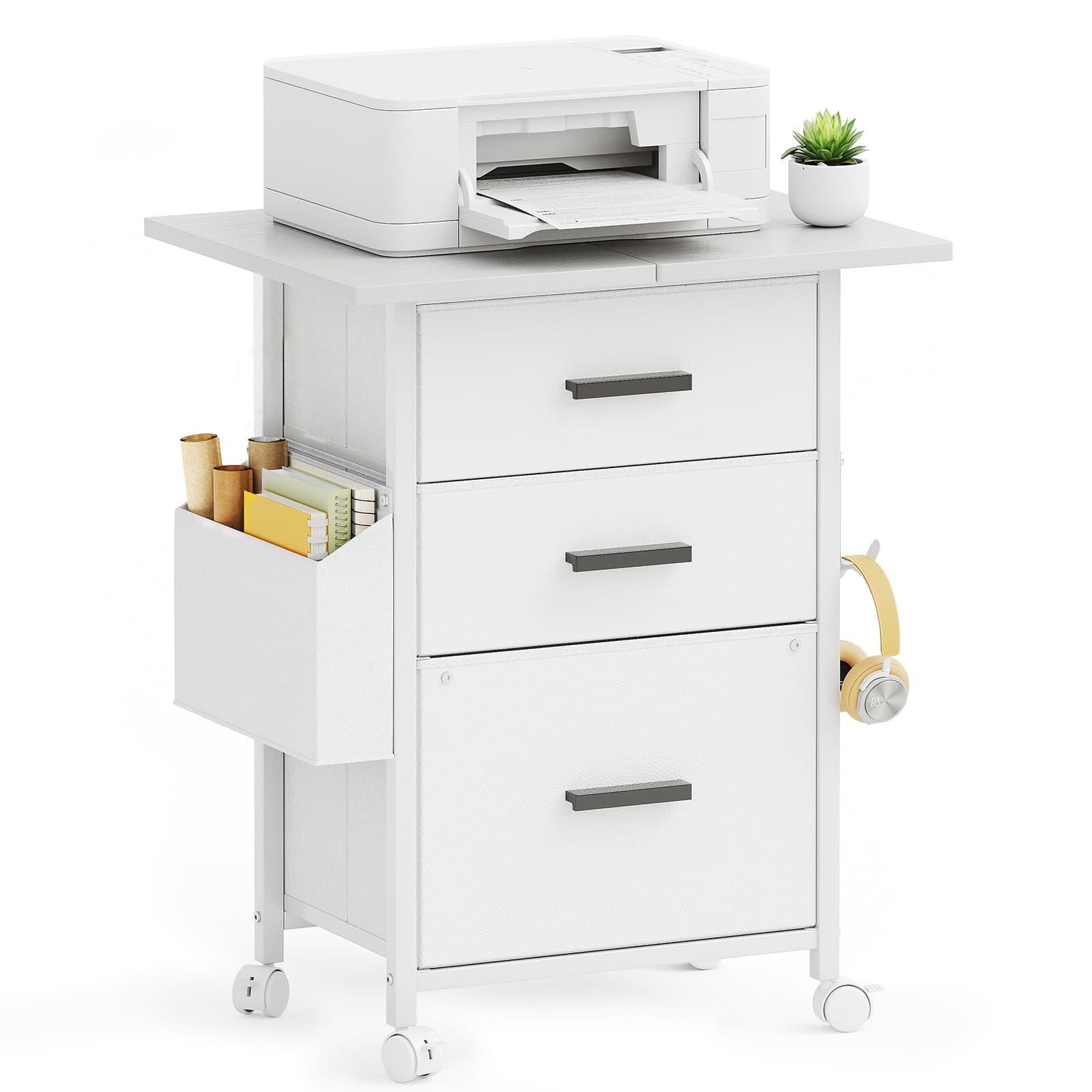 3 Drawer File Cabinet with 24'' Extended Desktop, Mobile Filing Cabinet, Printer Stand, Rolling Printer Stand with Side Bag, Fabric Drawer, Fits A4 Size, Home Office, White