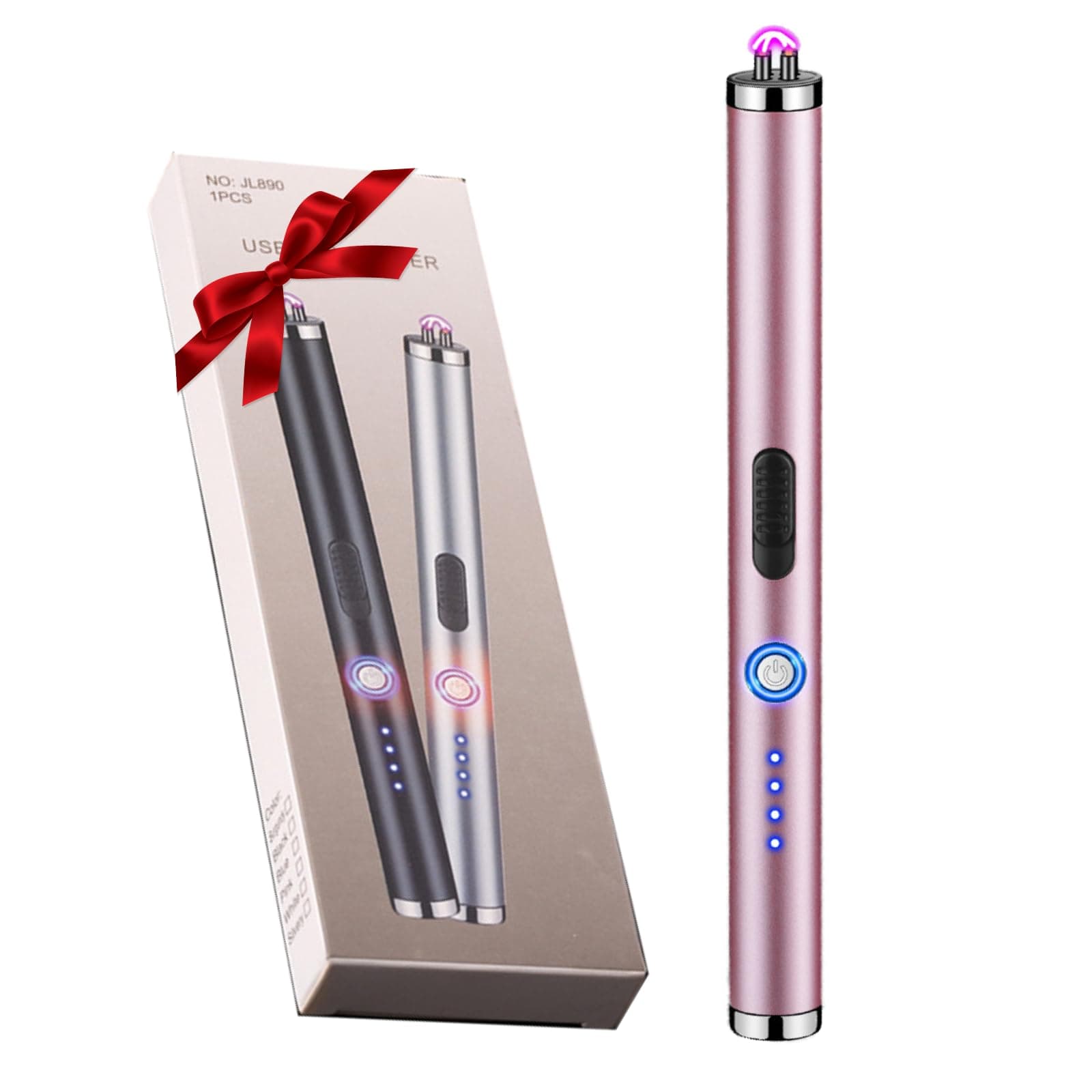 COMANYI Elecrtic Lighter Rechargeable for Candle, Dual Arc Plasma Lighter with LED Battery Indicator, Windproof Flameless Lighter for Camping, BBQs, Fireworks, Kitchen Lighter Gift for Mother (Pink)
