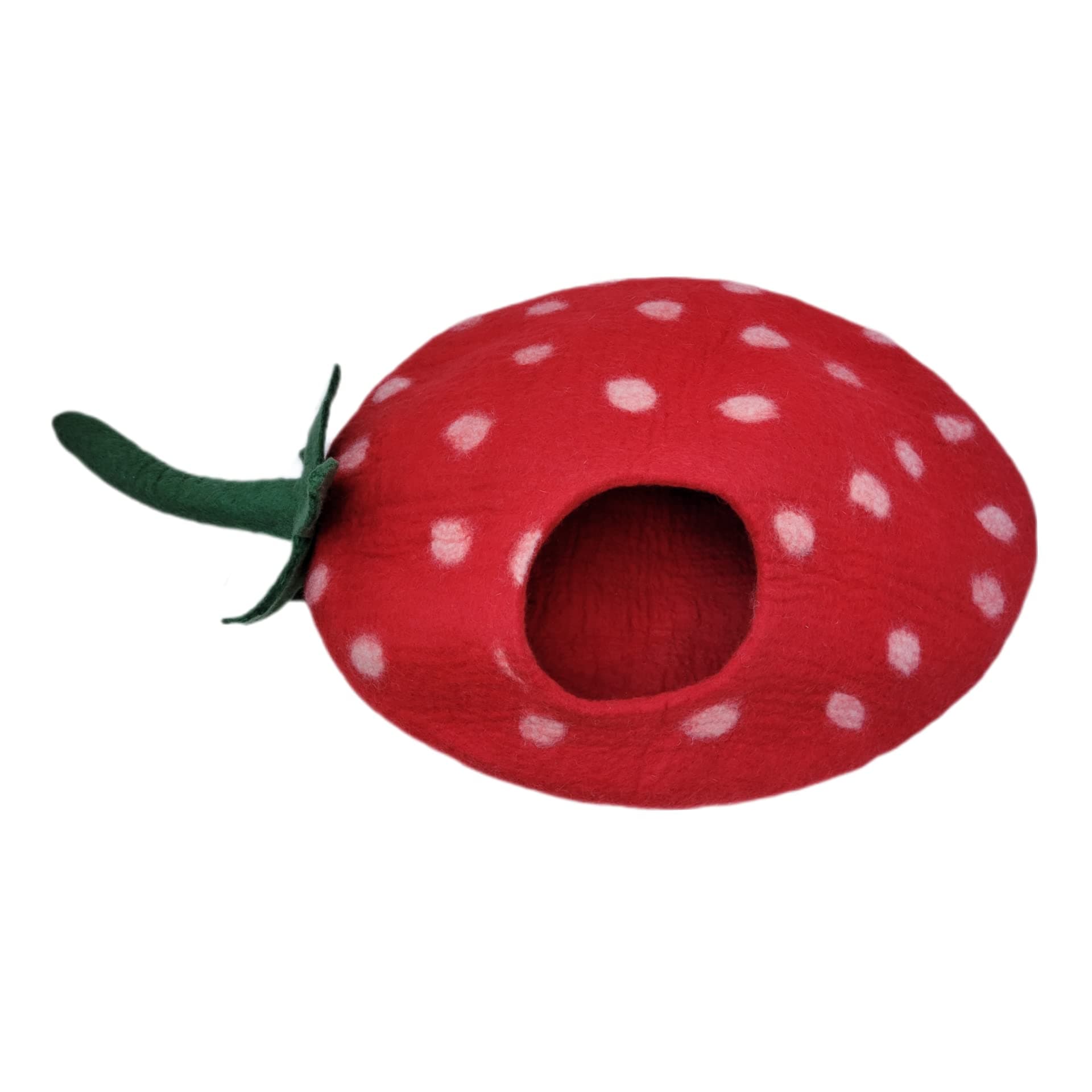 Mokoboho Strawberry Cat Cave with Mouse, Large Wool Felt Bed Handcrafted in Nepal