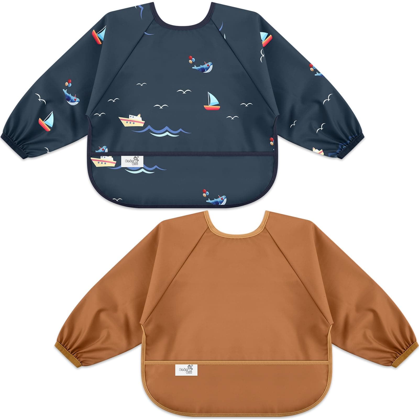 BebeBiu Long Sleeve Baby Bib, Waterproof Fabric, Full Coverage with Catch-All Pocket, 6-24 Months, 2-Pack (Boats Maroon, Small 6-24 Months)