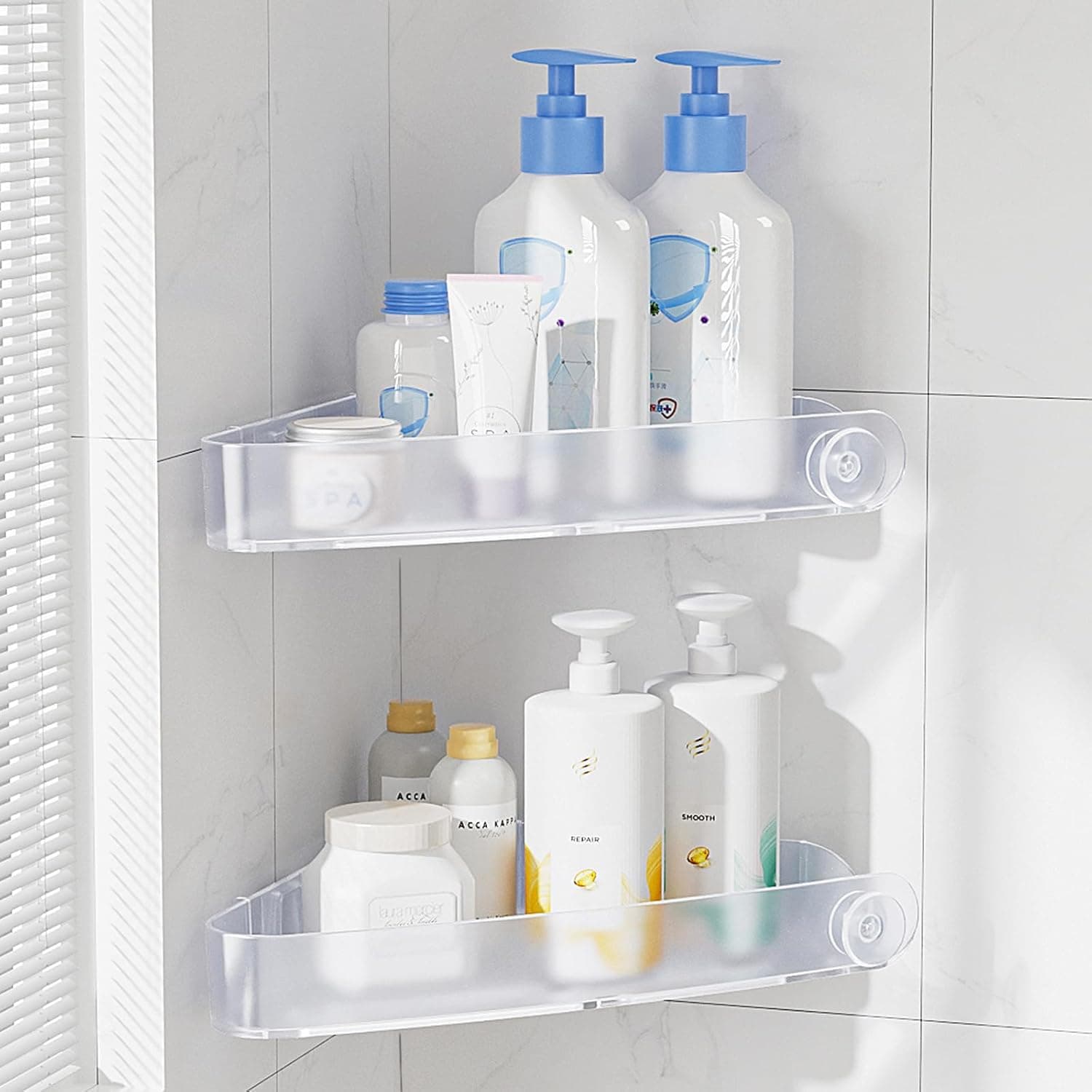 Sotfamily Corner Shower Caddy, 2 Pack Bathroom Shelves with Adhesive Pad, Rust Free Plastic Shower Shelf No Drilling for Bathroom Storage and Organisation (Frosted Clear)