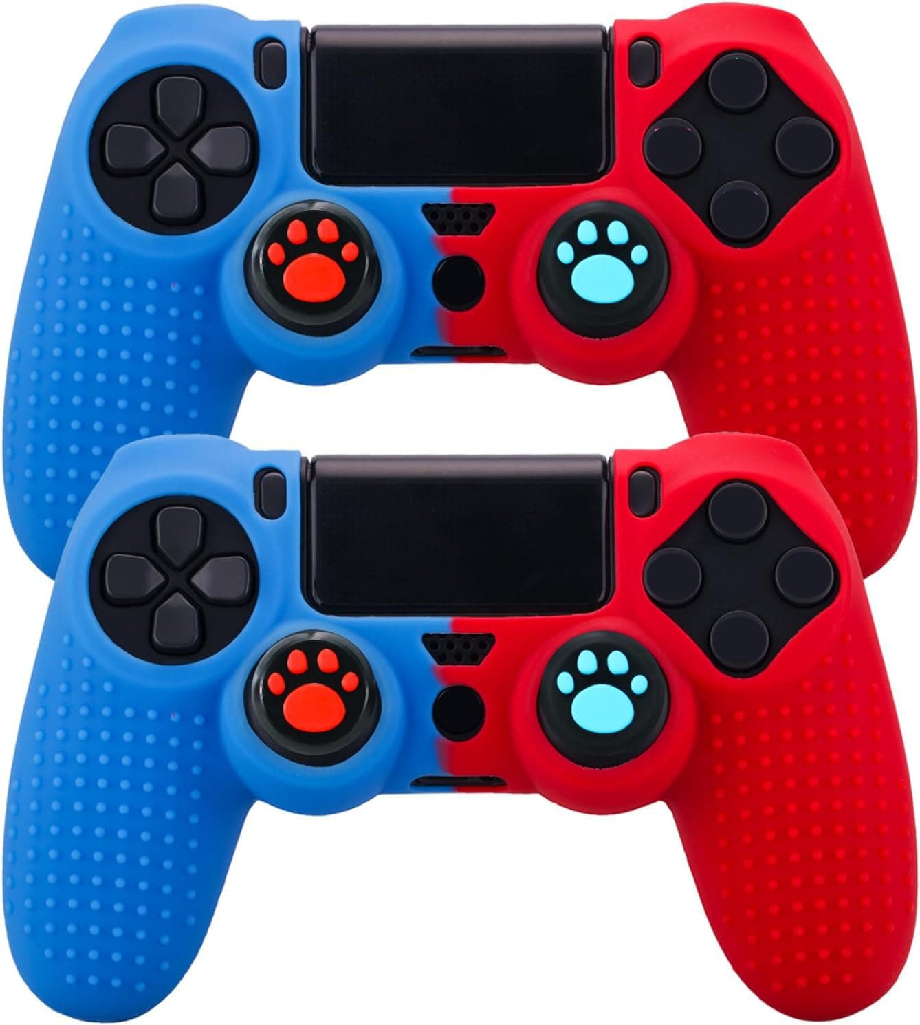 YoRHa Laser Carving Silicone Skin for PS4 Controller x 2(Red+Blue) with Exclusive Thumb Grips x 4