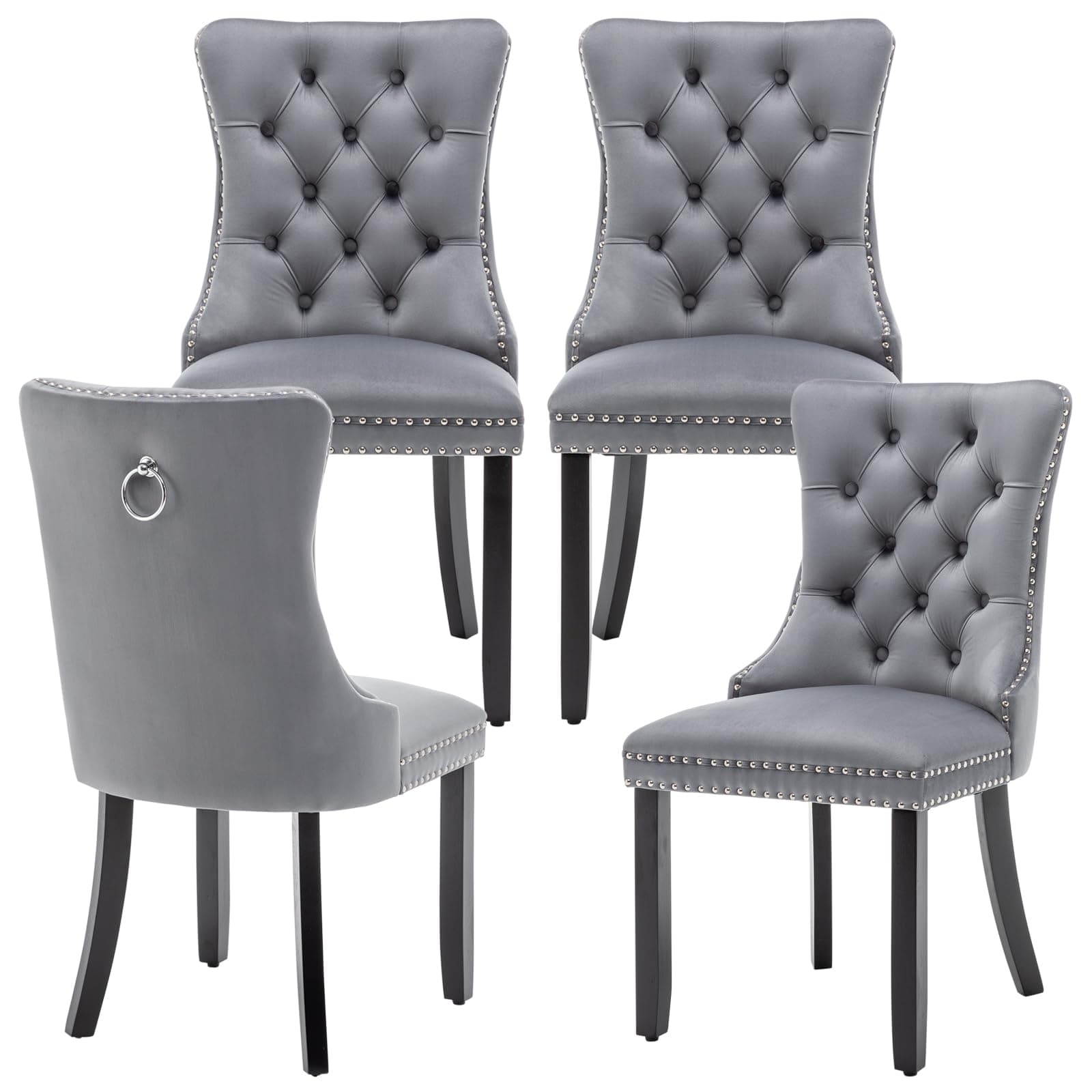 Eifizek Velvet Dining Chairs Set of 4, Upholstered Dining Room Chairs with Nailhead Ring Pull Trim, Button Tufted Wing Back Chairs for Dining Table with Solid Wood Legs for Kitchen Dining Room (Grey)