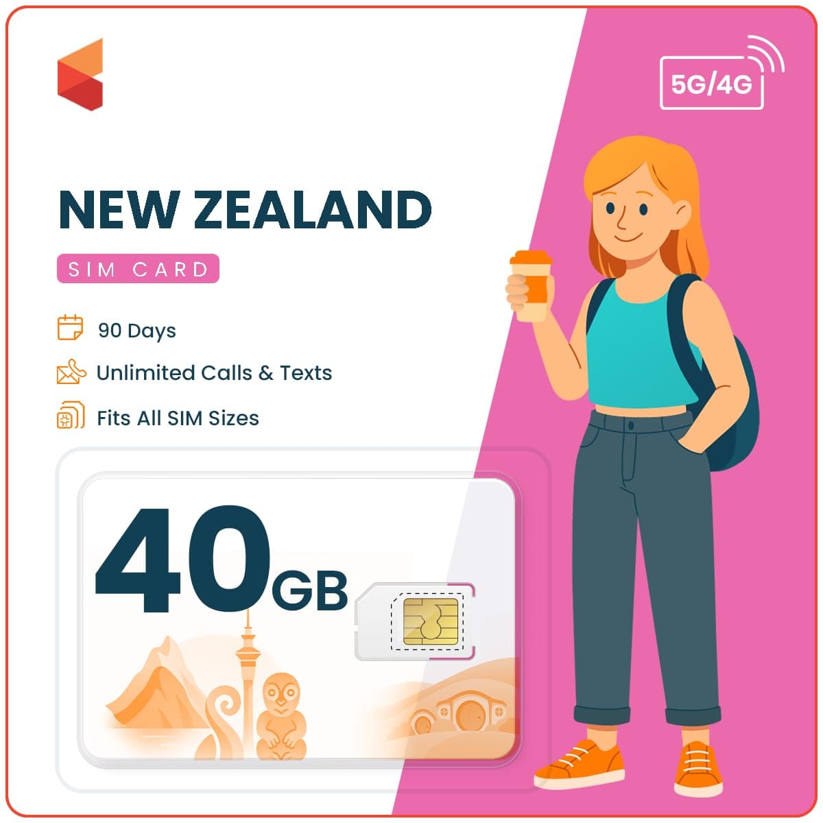 New Zealand Travel Sim Card (40 GB, 60 Days) - OneNZ Data Sim Card w/Unlimited Minutes to NZ Landlines/Numbers - Tethering/Hotspot Card- 3-in-1 Standard, Micro, & Nano Sim Card for Unlocked Phones