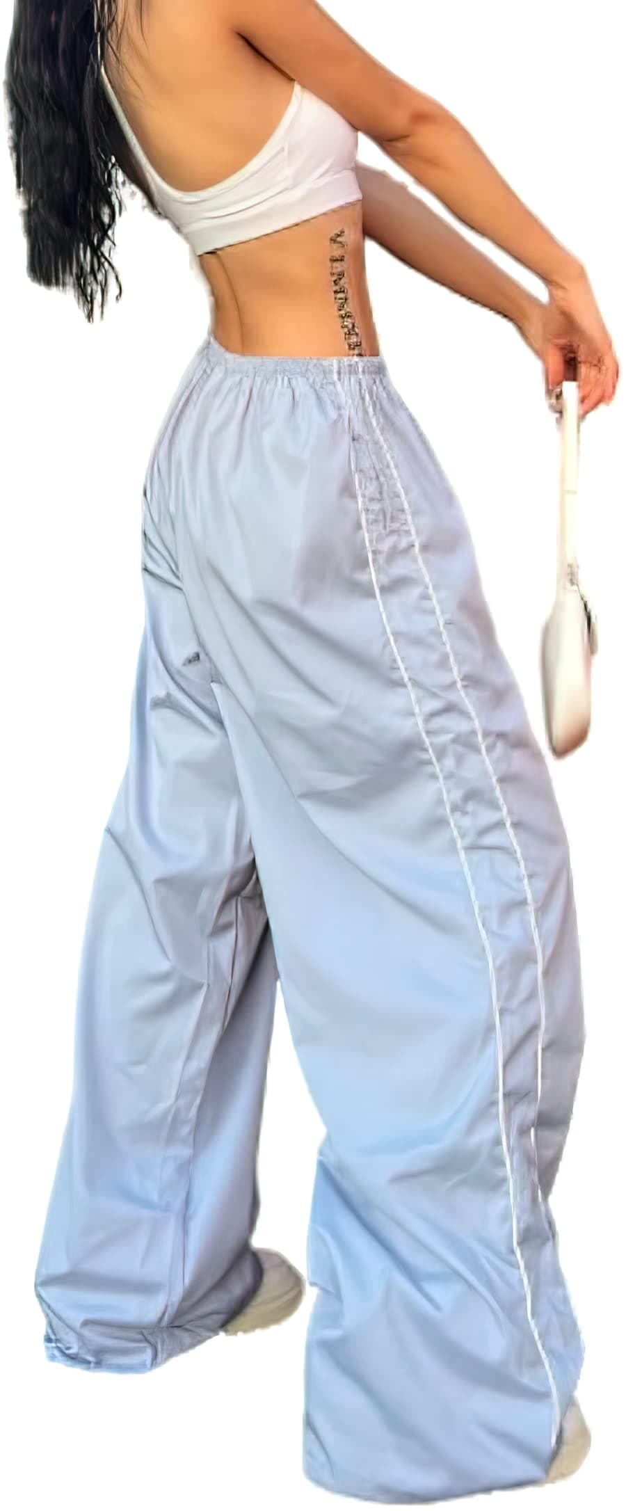 XPONNI Women's Lightblue Large Baggy Track Pants with Drawstring, Polyester, Patterned, Loose Fit, High Rise, Casual, Fall, Y2K Style