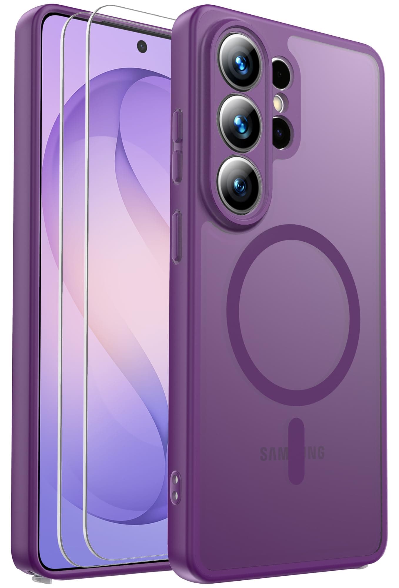 Ezanmull for Samsung Galaxy S26 Ultra Case Magnetic Shockproof, [Fit for MagSafe] [Glass Screen Protector] Soft-Touch Skin para Frosted Translucent Anti-Fingerprint Cover (Purple)