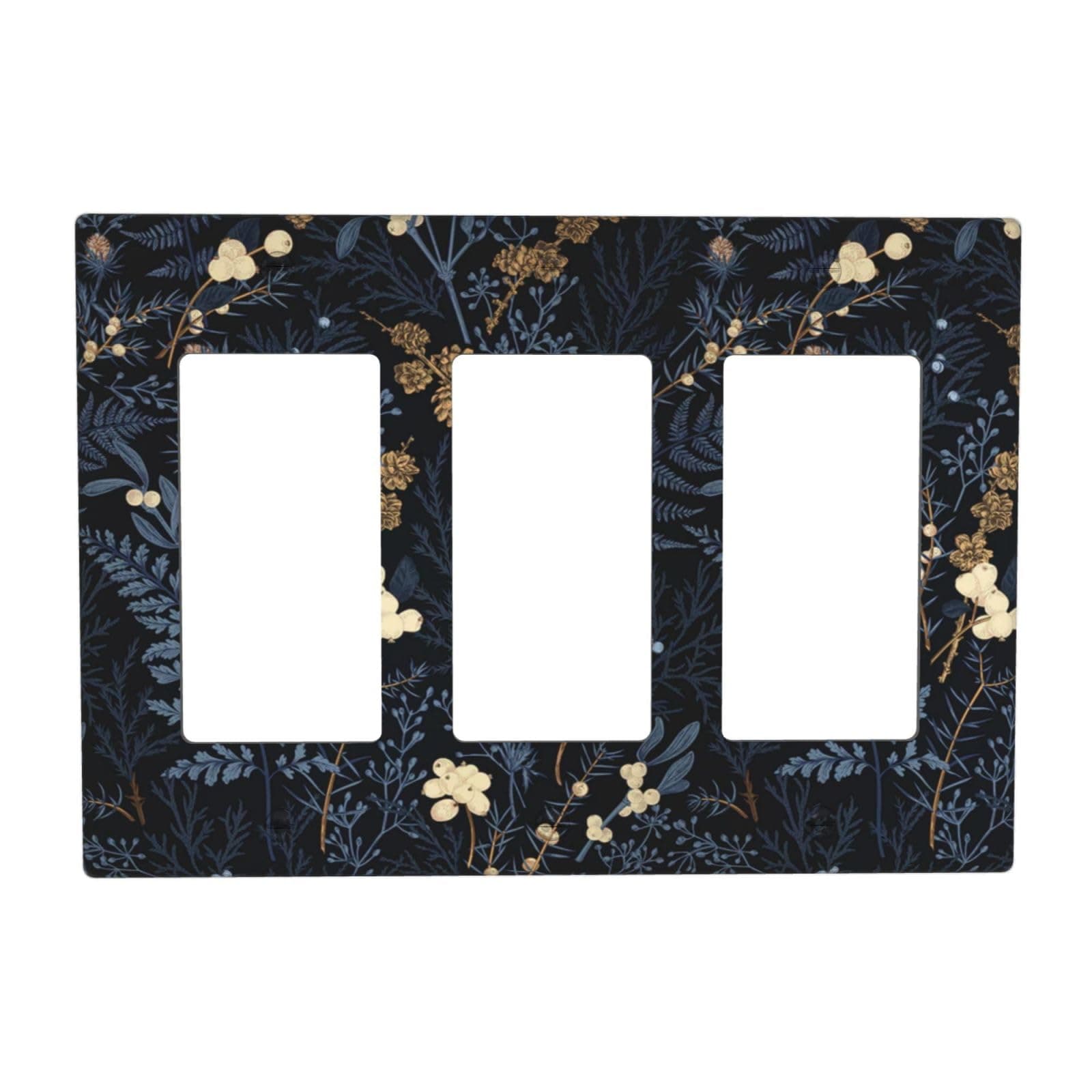 LuHuoLu Decorative Outlet Covers Rustic Navy Dark Blue Leaves Golden Floral 3 Gang Outlet Cover Wall Plate Triple Rocker Light Switch Cover Plate Switch Plate Covers for Bedroom Home Decor