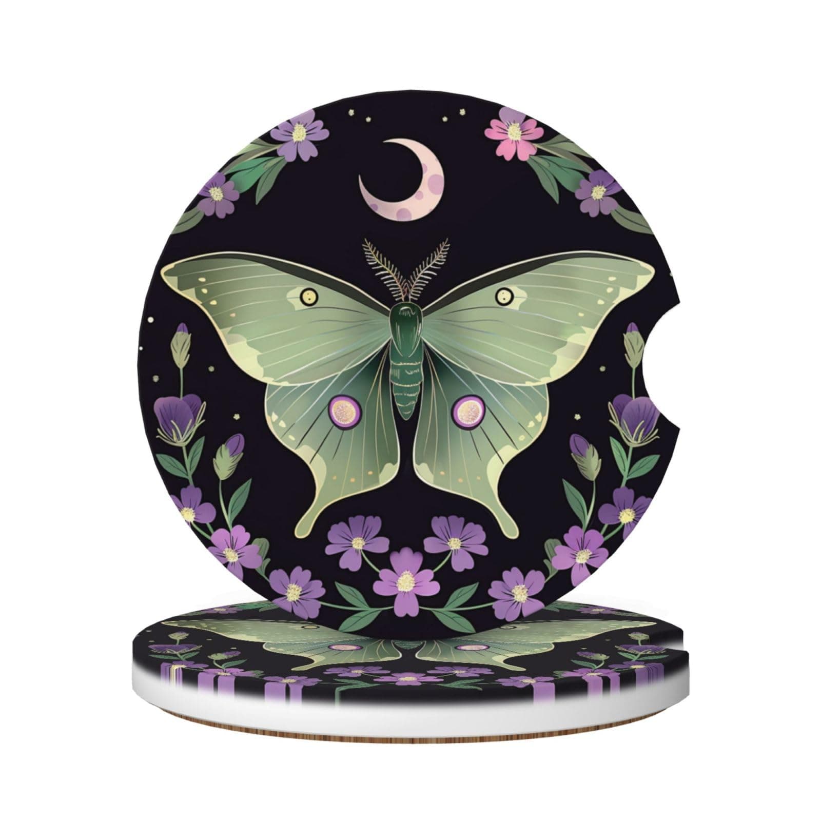 Dujiea Luna Moth with Delicate Wings Ceramic Car Coasters 2 Pack - Absorbent Non-Slip Cup Holders for Car, SUV, Truck & Boat | Cork Bottom Spill-Proof Coaster Set with Easy-Grip Notch