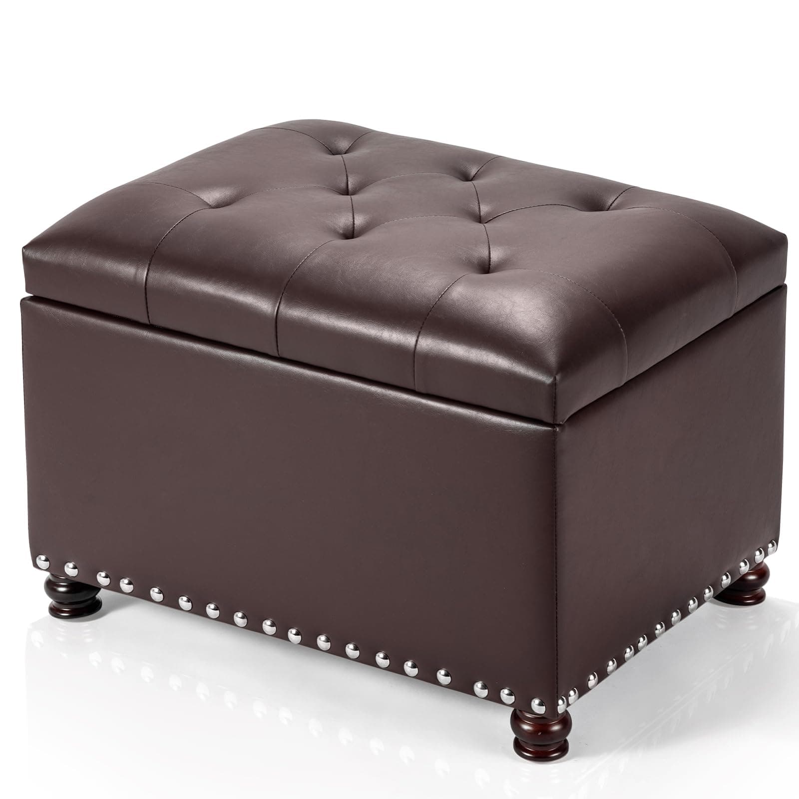 Adeco High End Dark Black Brown Classy Bonded Leather Tufted Accents Rectangular Storage Bench Ottoman Footstool, Dark Brown