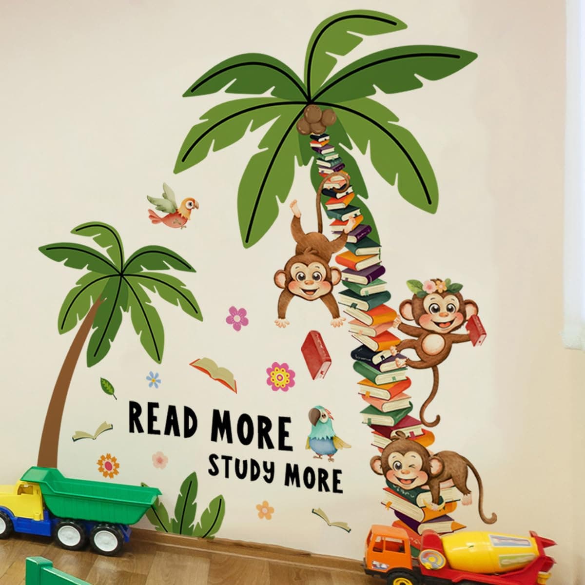 Mirabuy Monkey Tree Books Wall Decals Read More Study More Inspirational Wall Stickers for Kids Jungle Reading Playroom Reading Corner Decor