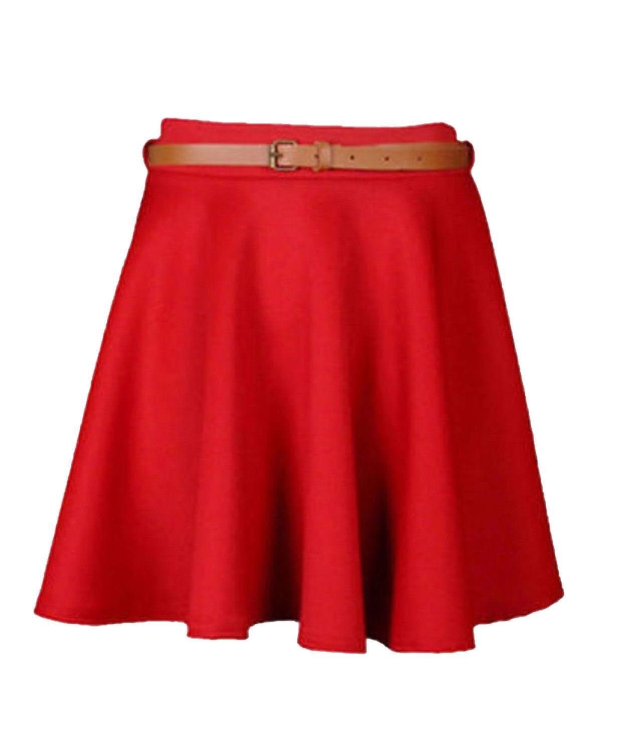 Skater Belted Plain Flippy Short Skirt -Red-8