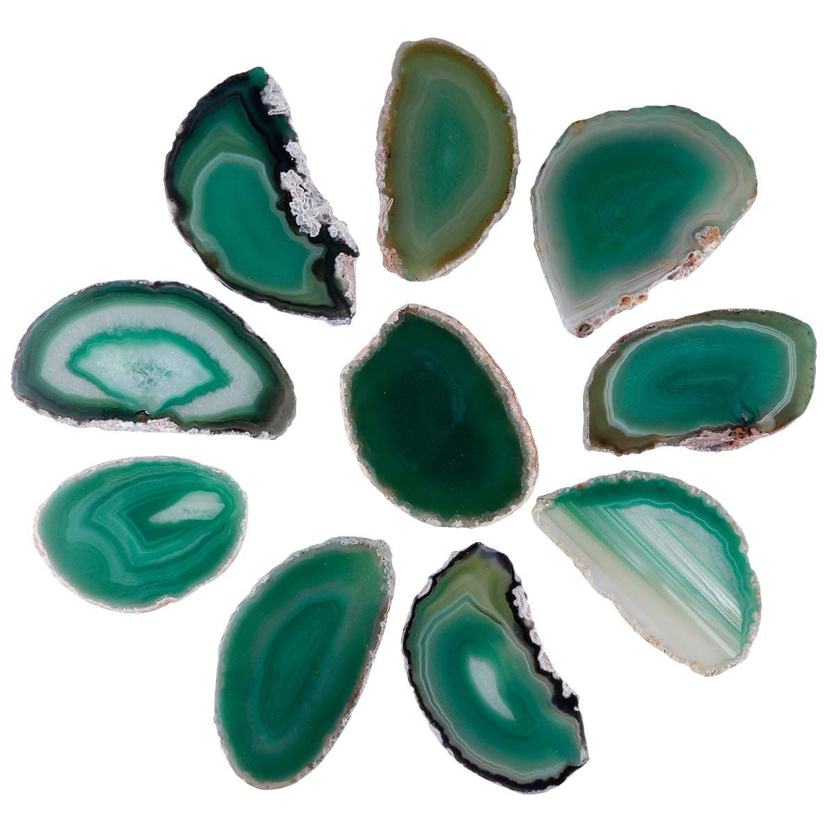 TUMBEELLUWA Pack of 10 Agate Geode Slices Polished Irregular Healing Crystal Stone Slab for Home Decoration, Jewelry Making, Place Cards for Wedding, Green