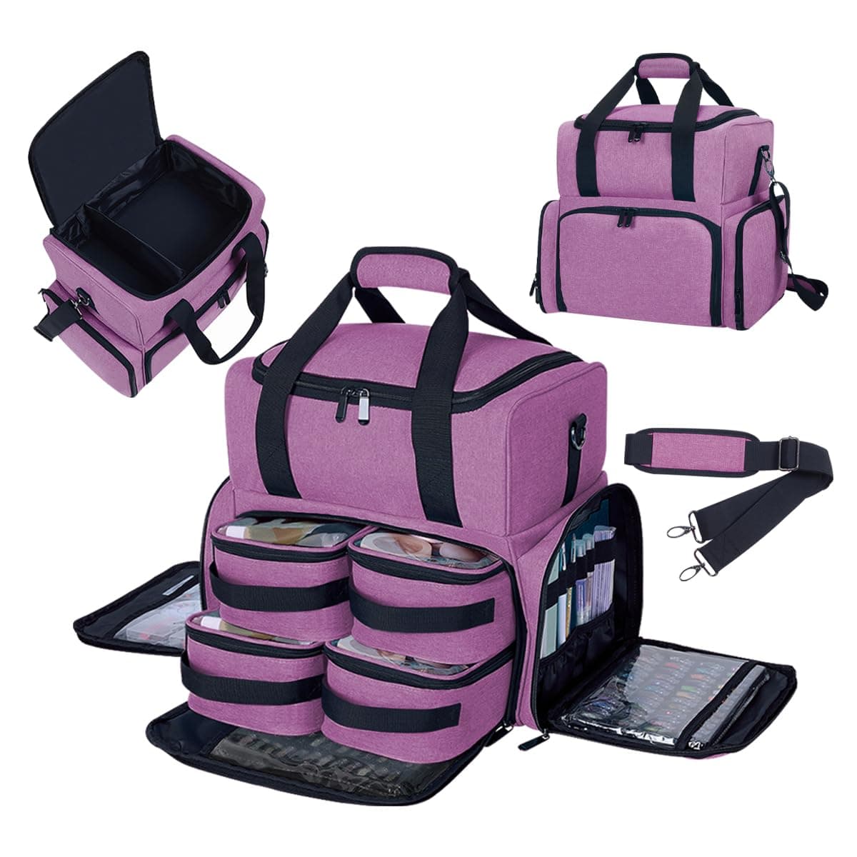 LANDFOBO Large Cosmetic Bag with 4 Removable Case Double Layer Travel Organizer Makeup Bag with Inner Dividers and Makeup Brushes Storage Section, 022-Purple